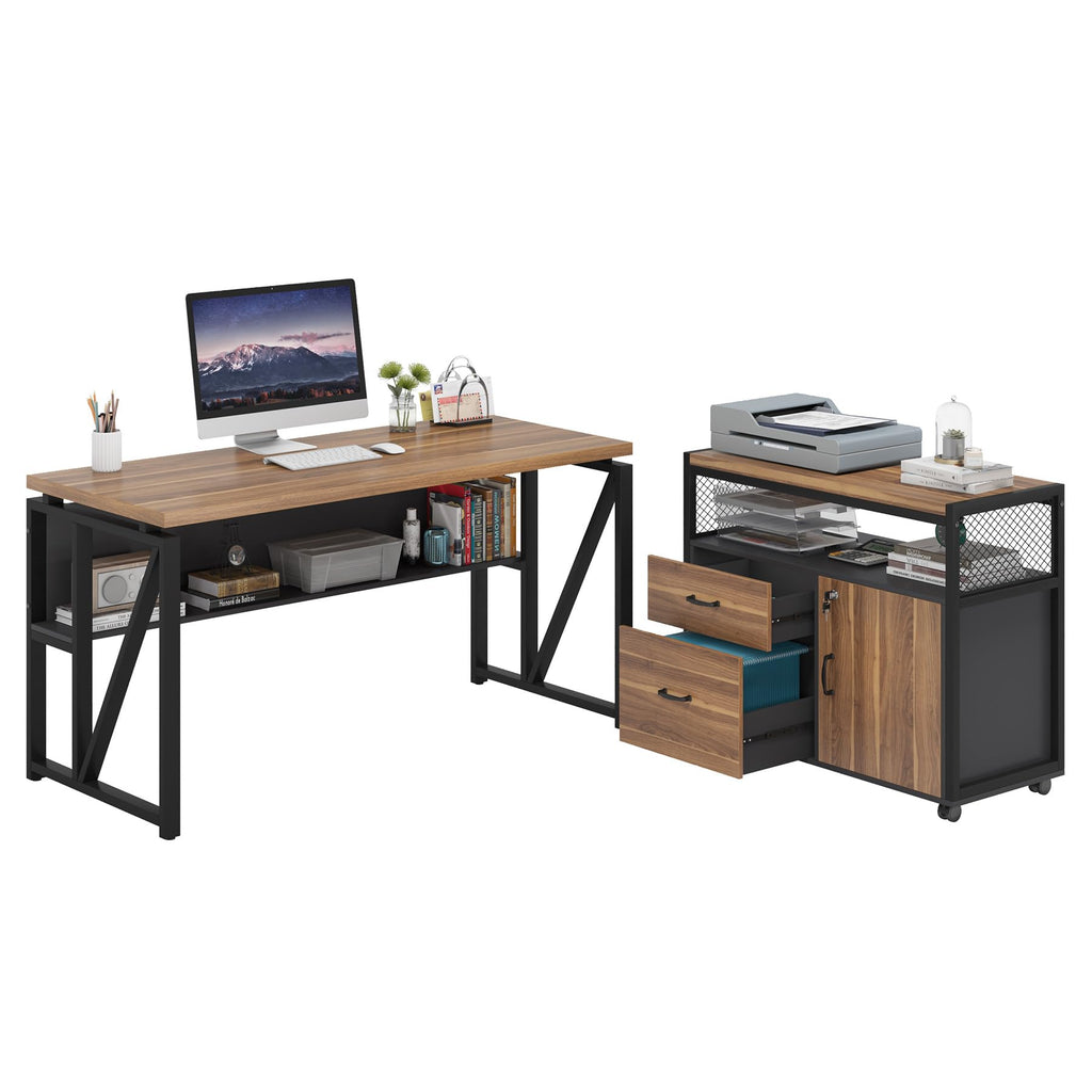 55-inch L Shaped Desk with Drawer Cabinet, Executive Computer Desk and lateral File Cabinet, 2 Piece Home Office Furniture with Drawers for Hanging File, Doors with Locks (Brown, 55 inches)