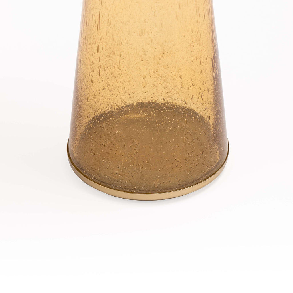 Modern Decorative Round Drink Table with Glass Base and Top with Gold Metal Accent, Martini, Gold Pedestal Table, Tall Side Table, Small Space end Table, for Living Room & Bedroom, Amber,Assembled