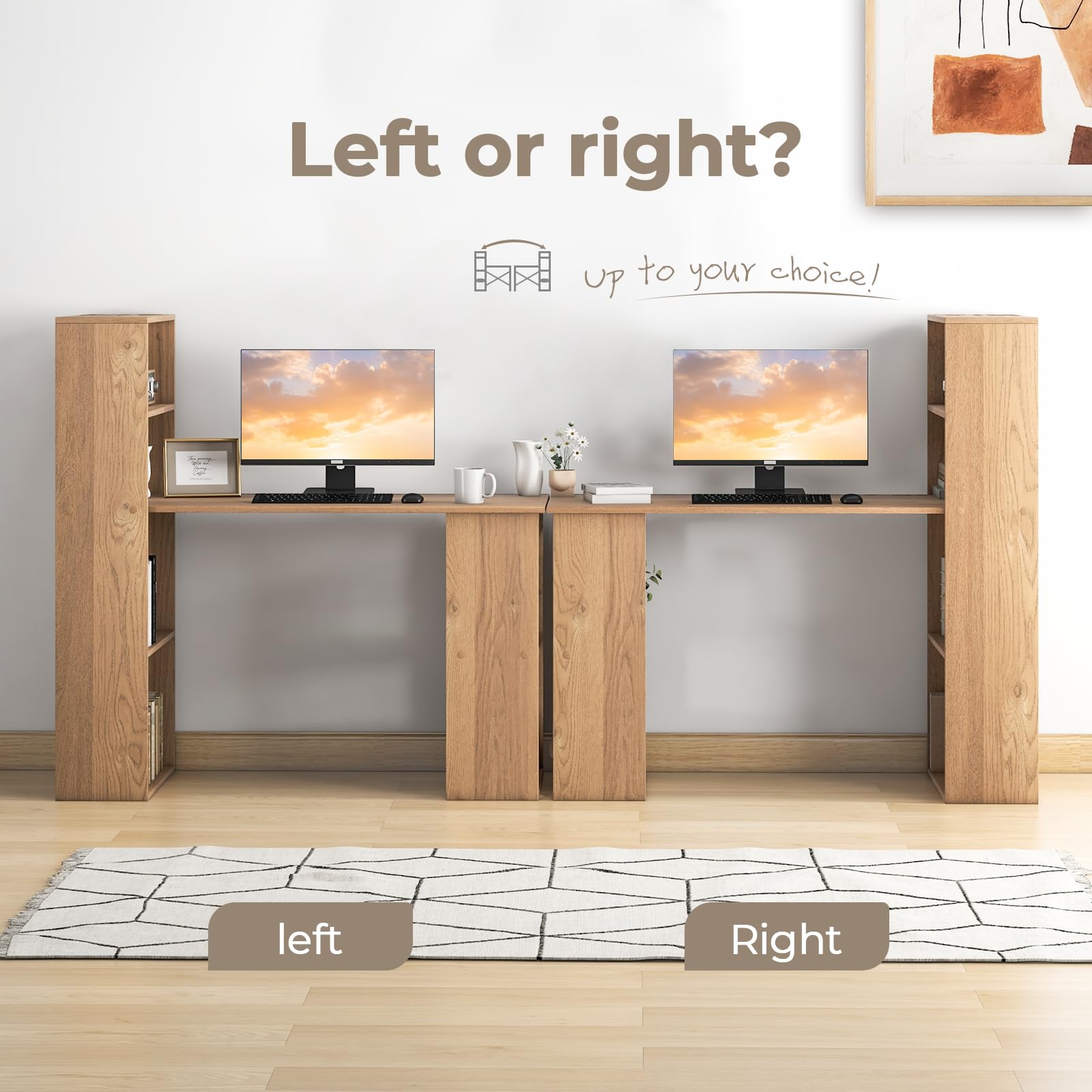 48 Inch Computer Desk with Bookshelf, 3-in-1 Home Office Desk with 4-Tier Bookcase & CPU Stand, Space-Saving Reversible Writing Desk Work Table for Bedroom, Study Room, Office (Natural)