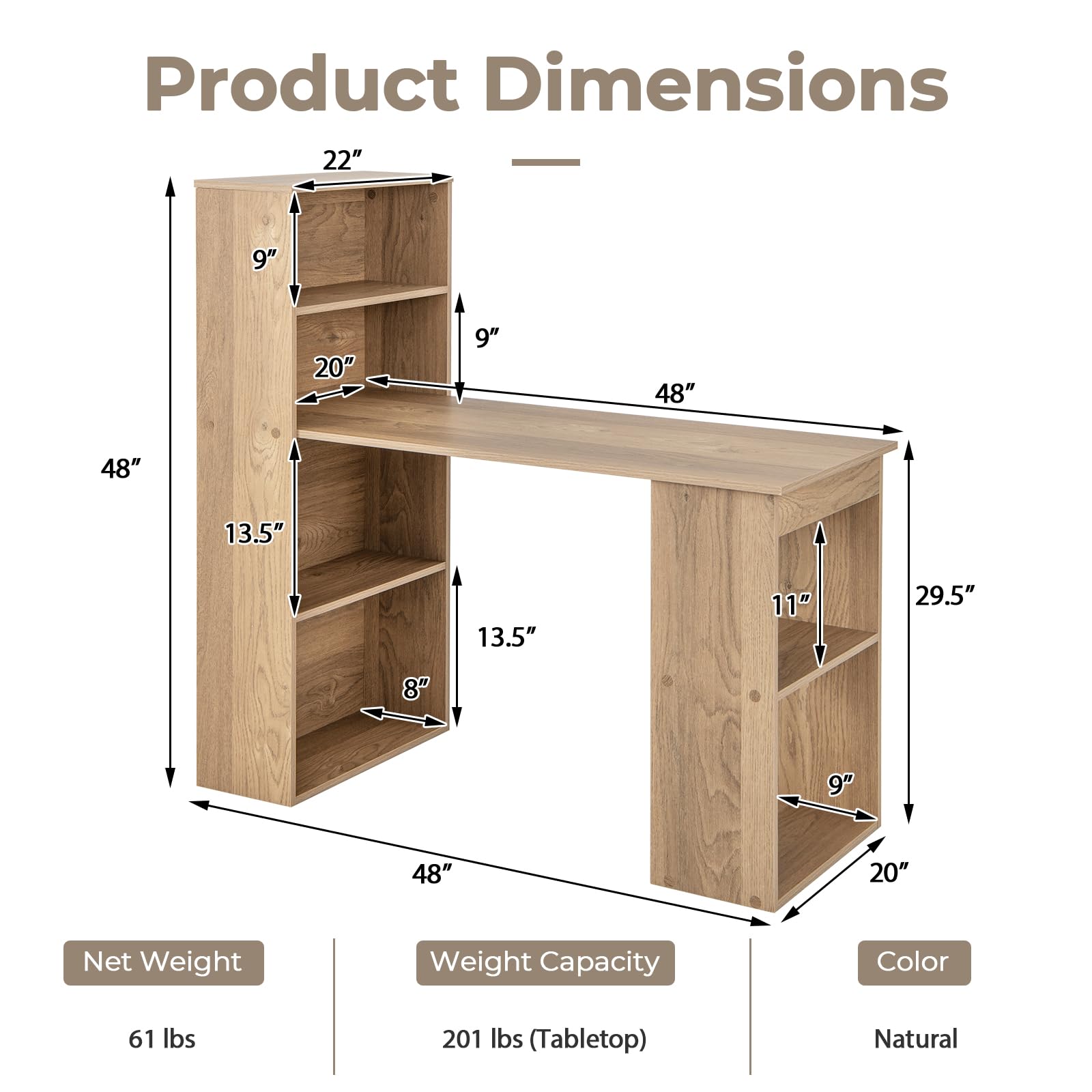 48 Inch Computer Desk with Bookshelf, 3-in-1 Home Office Desk with 4-Tier Bookcase & CPU Stand, Space-Saving Reversible Writing Desk Work Table for Bedroom, Study Room, Office (Natural)