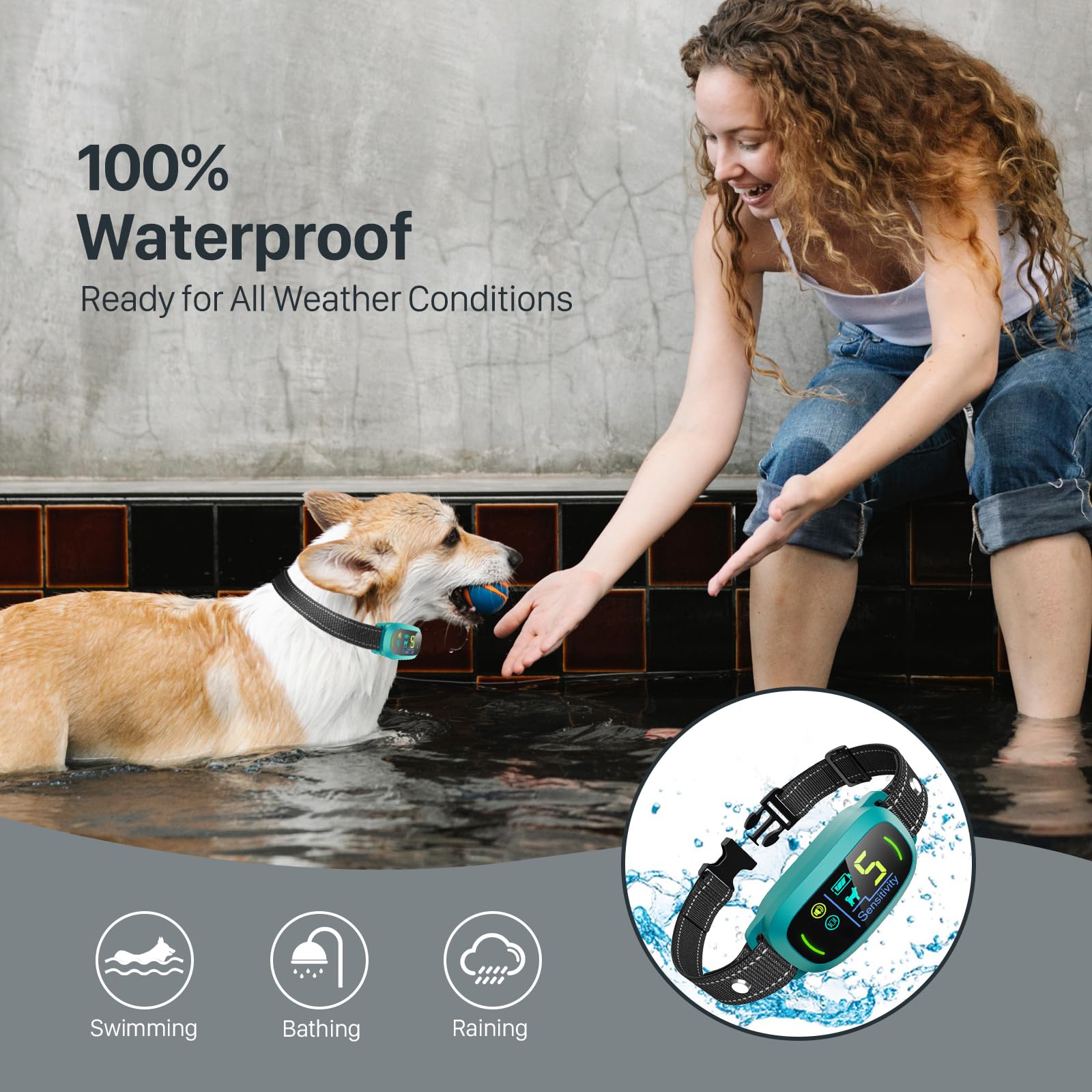 Dog Bark Collar for Large Medium Small Dogs, Rechargeable Smart Bark Collar, Anti Barking Training Collar with 5 Adjustable Sensitivity Beep Vibration (Teal)