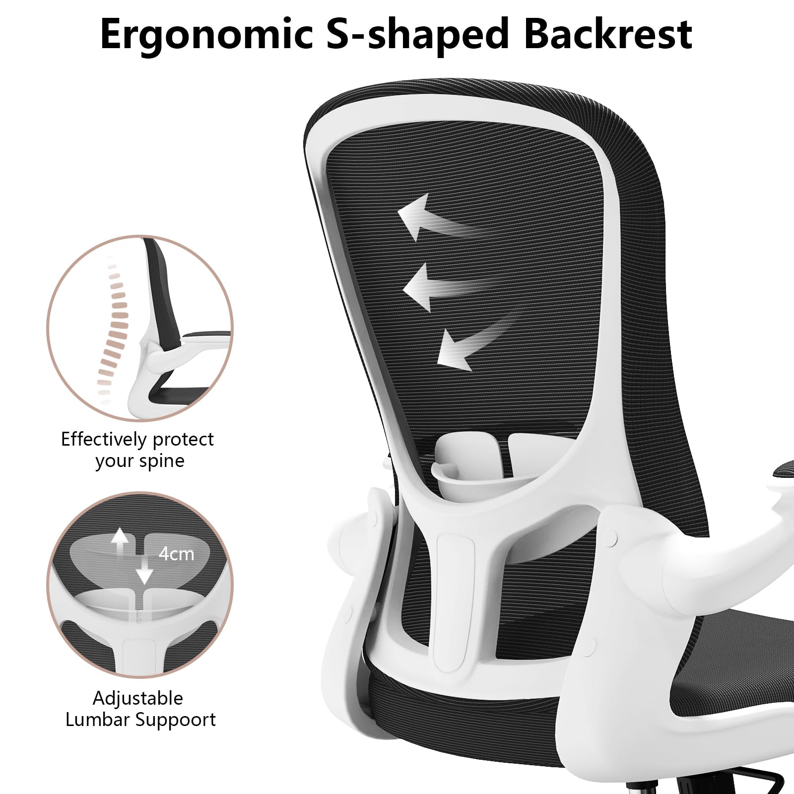 Ergonomic Office Chair, Comfort Swivel Home Office Task Chair, Breathable Mesh Desk Chair, Lumbar Support Computer Chair with Flip-up Arms and Adjustable Height