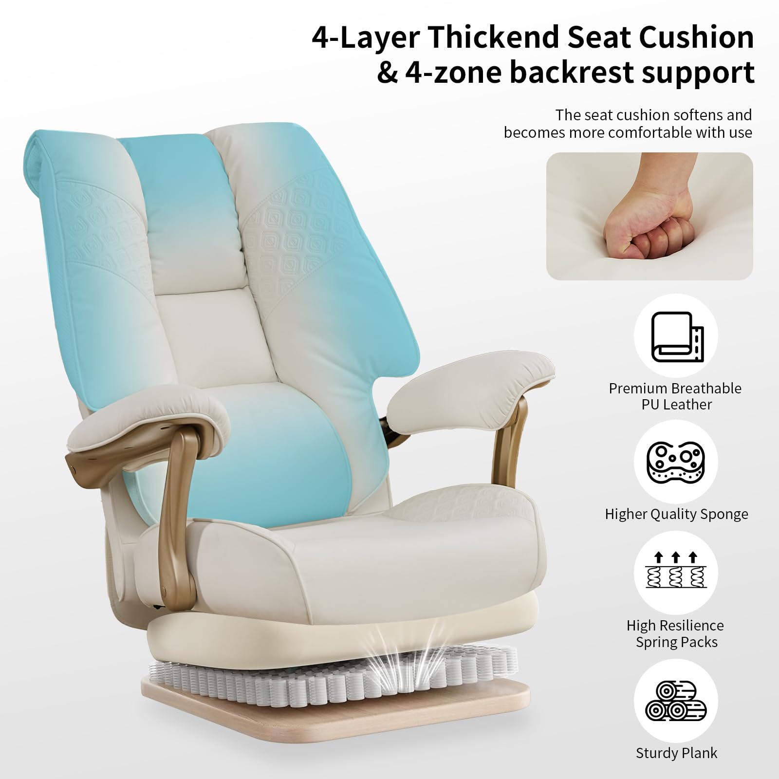 Big and Tall Executive Office Chair with Footrest, 400LBS Capacity Ergonomic High-Back Desk Office Chair with Lumbar Support, Padded Armrests & Thick Cushion, White PU Leather Chairs