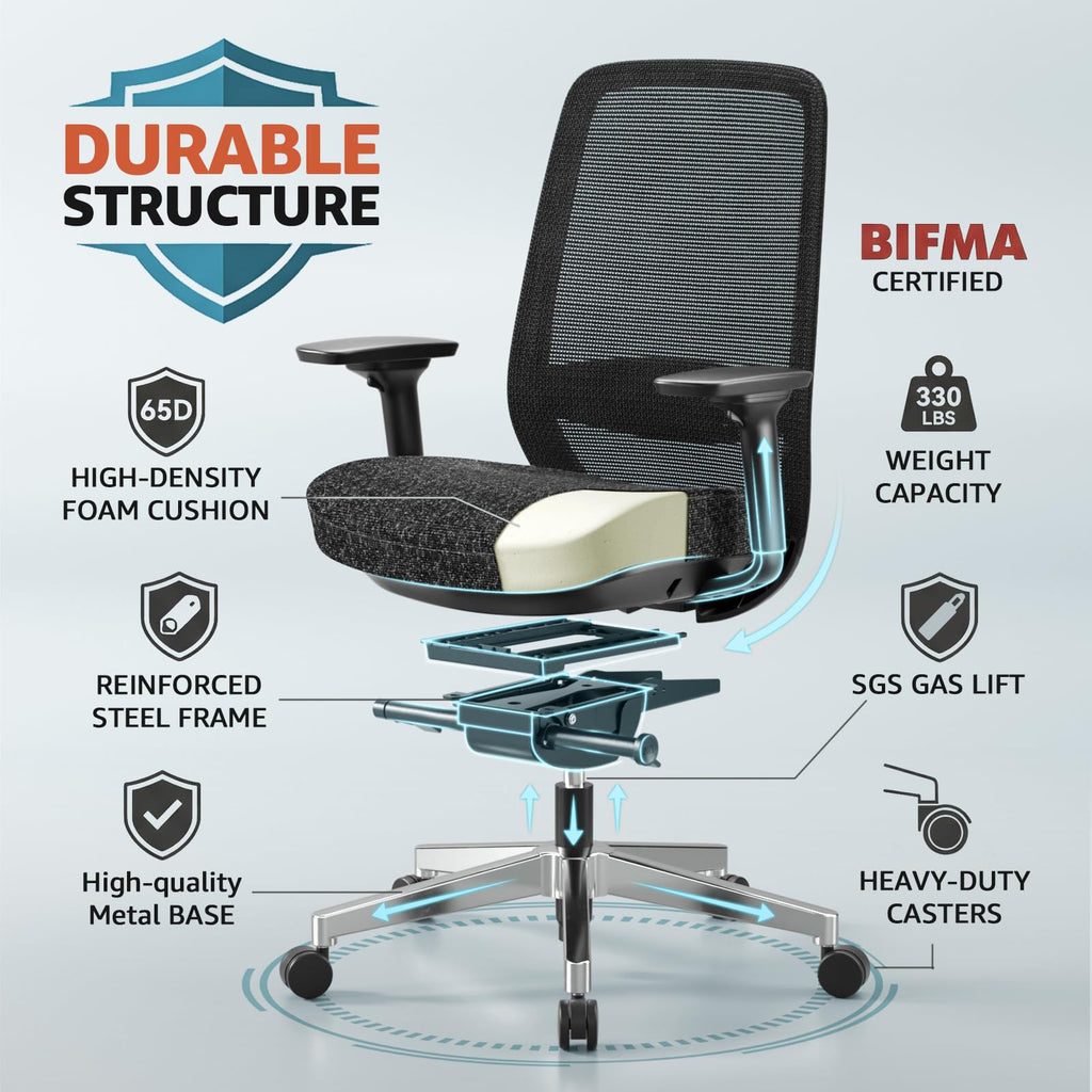 Ergonomic Office Chair - High-Back Mesh Desk Chair with Adjustable Lumbar Support 4D Armrests for Long Hours Sitting Black