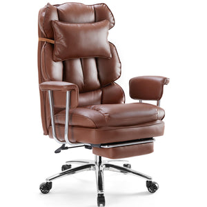 Executive Home Office Desk Chair - Ergonomic Big Tall High Back with Footrest & Lumbar Support, Reclining Height Adjustable, Comfy PU Leather Computer Gaming with Swivel Wheels, Brown