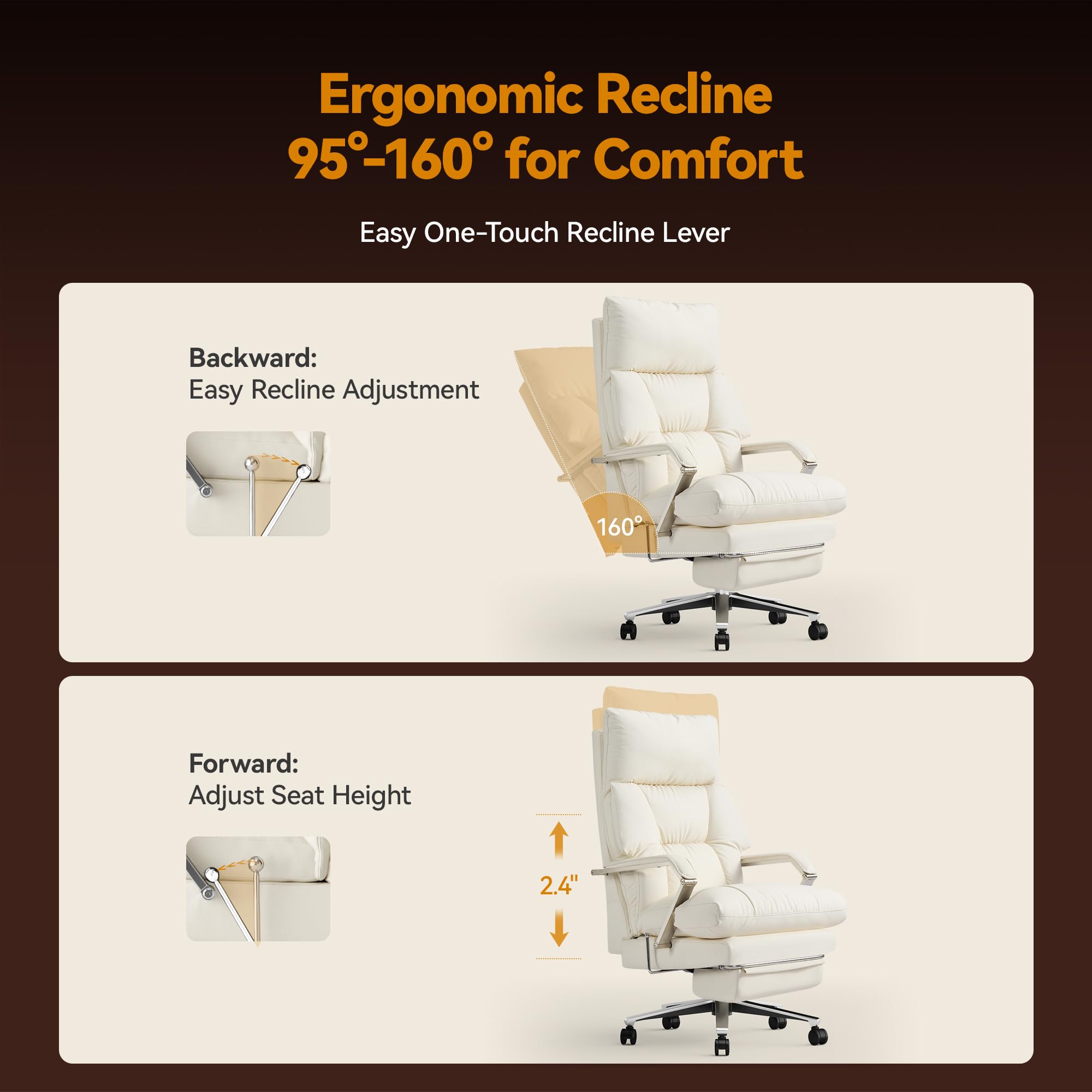 160° Reclining Office Chair with Footrest, 10" Thick Cloud Cushion Executive Desk Chair, Extra Wide Cross-Legged Ergonomic Chair for Big and Tall, Adjustable Seat Depth, Easy Assembly, Cream