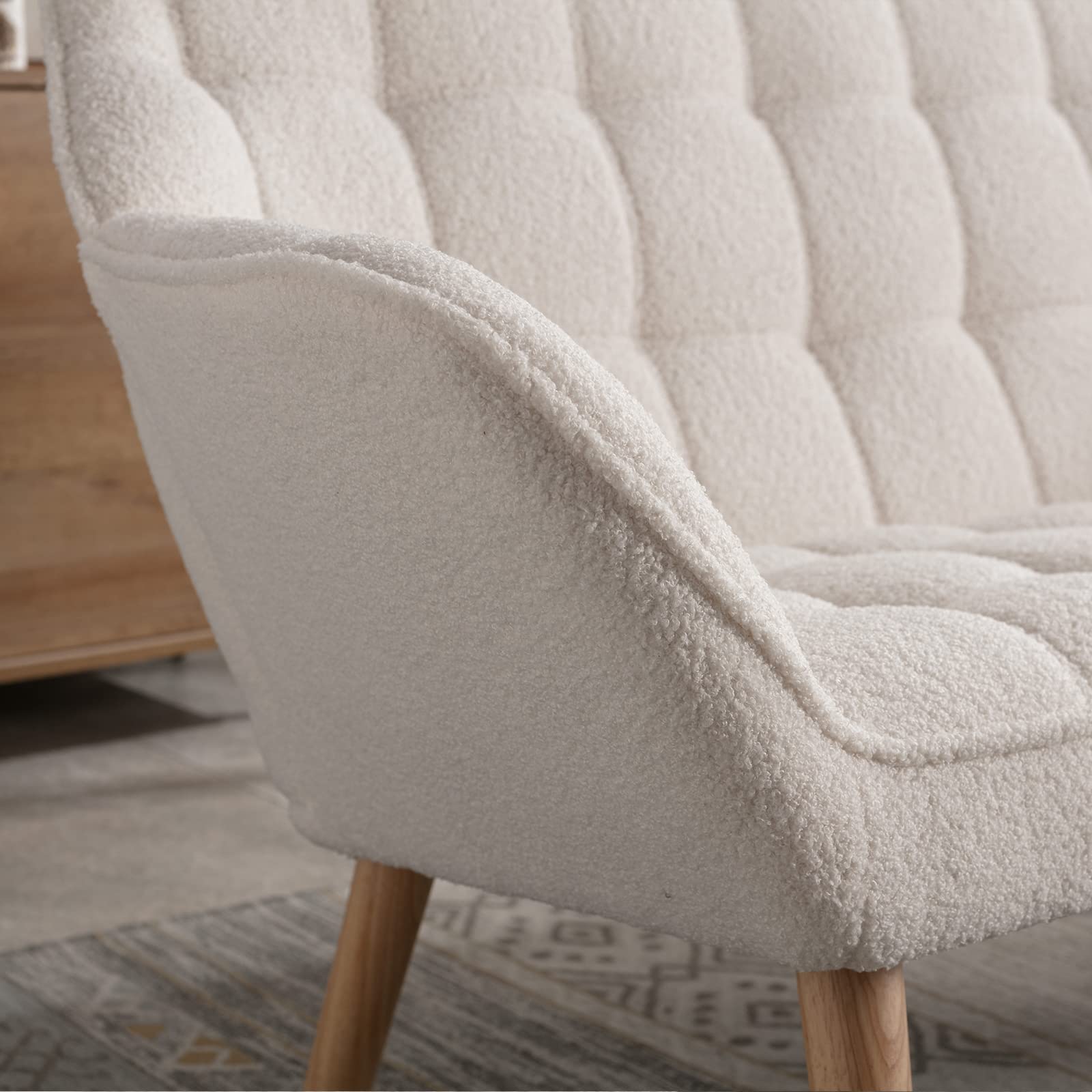 48" Small Loveseat for Small Spaces, Upholstered Fluffy White Loveseat Sofa, Mid Century Modern 2-Seater Couch with Armrest and Wood Legs for Bedroom, Living Room, Apartment, White