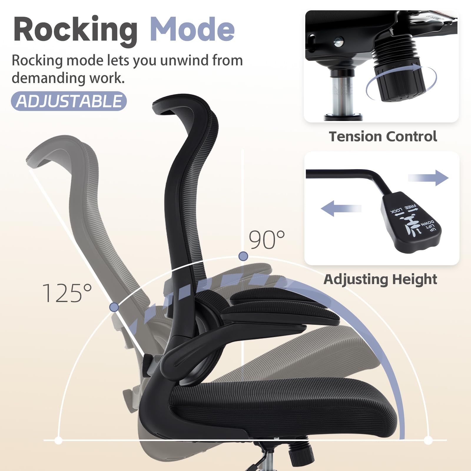 Ergonomic Office Chair with Adjustable Lumbar Support, Mesh Back, Flip-Up Arms, Rocking Mode with Tension Control, 300 lbs Weight Capacity, Black and White (Black)