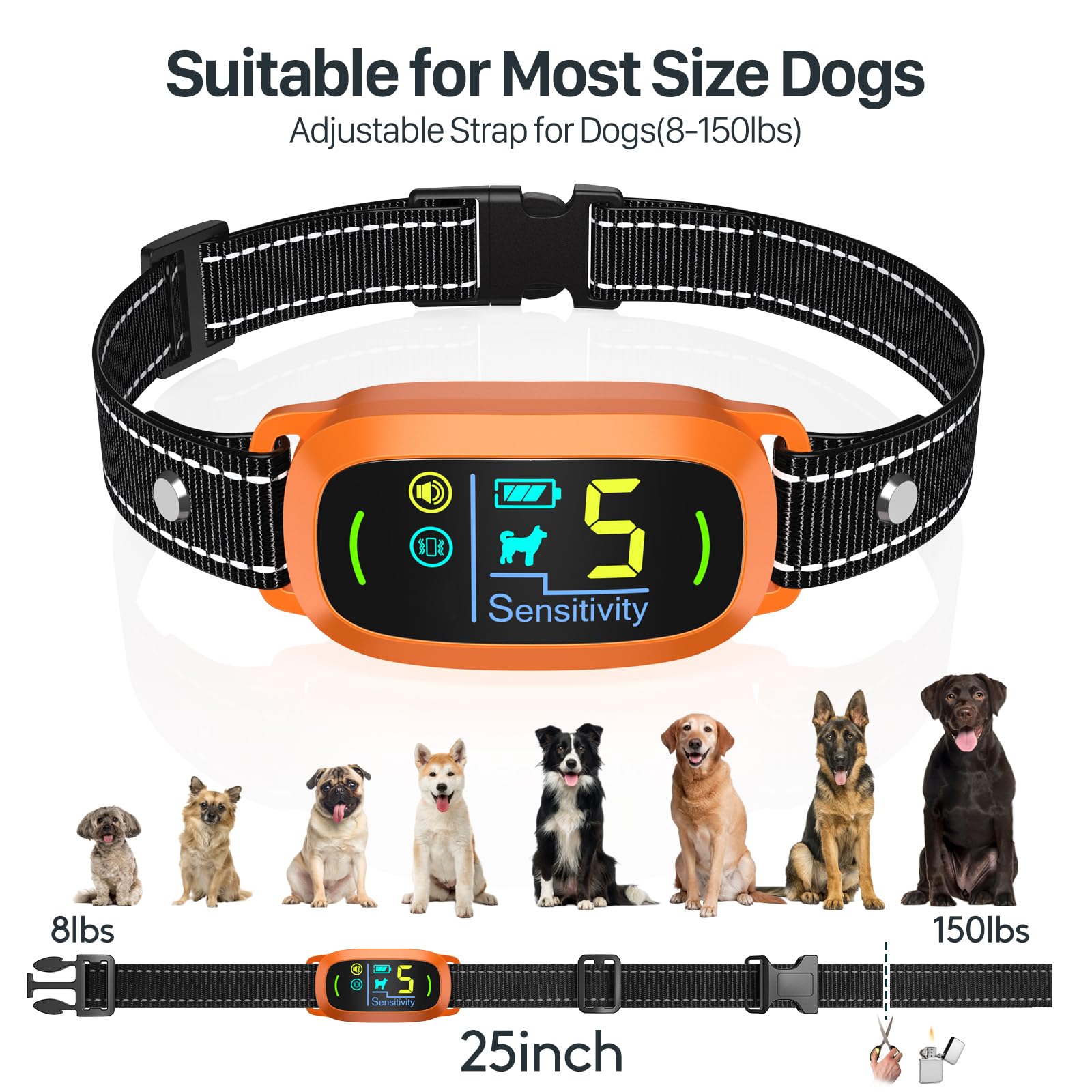 Dog Bark Collar for Large Medium Small Dogs, Rechargeable Smart Bark Collar, Anti Barking Training Collar with 5 Adjustable Sensitivity Beep Vibration (Orange)