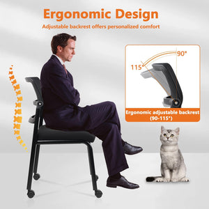 Stacking Chairs 8 PK, Adjustable Backrest Stackable Mesh Office Waiting Room Armless Chair with Wheels for Guest Reception Conference Lobby Side School, Black