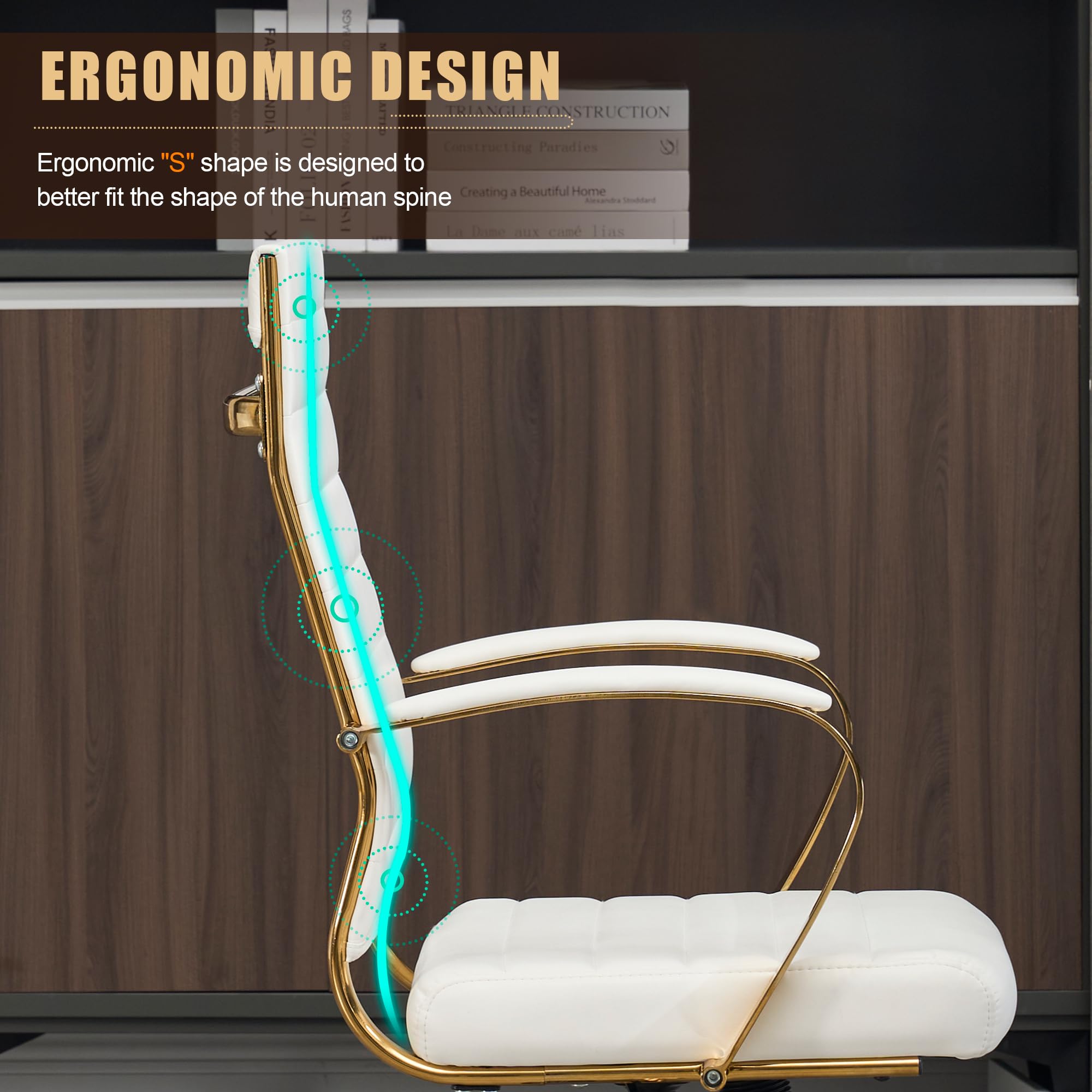 Gold Office Desk Chair, Ergonomic Leather Modern Conference Room Chairs,