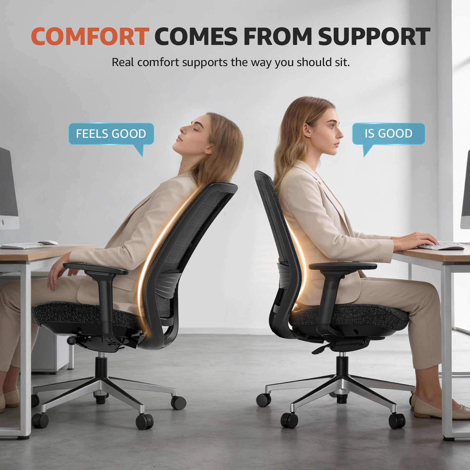 Ergonomic Office Chair - High-Back Mesh Desk Chair with Adjustable Lumbar Support 4D Armrests for Long Hours Sitting Black