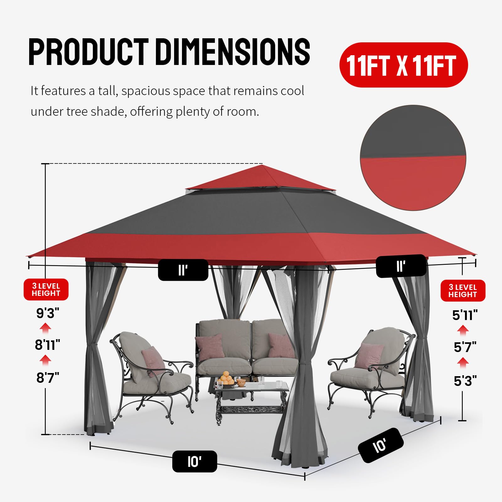 11x11 Pop Up Gazebo, Patented One Push Outoor Canopy Tent with Wheeled STO-N-Go Cover Bag, Pop Up Canopy with Netting for Patio, Backyard (11x11, Red &Grey)