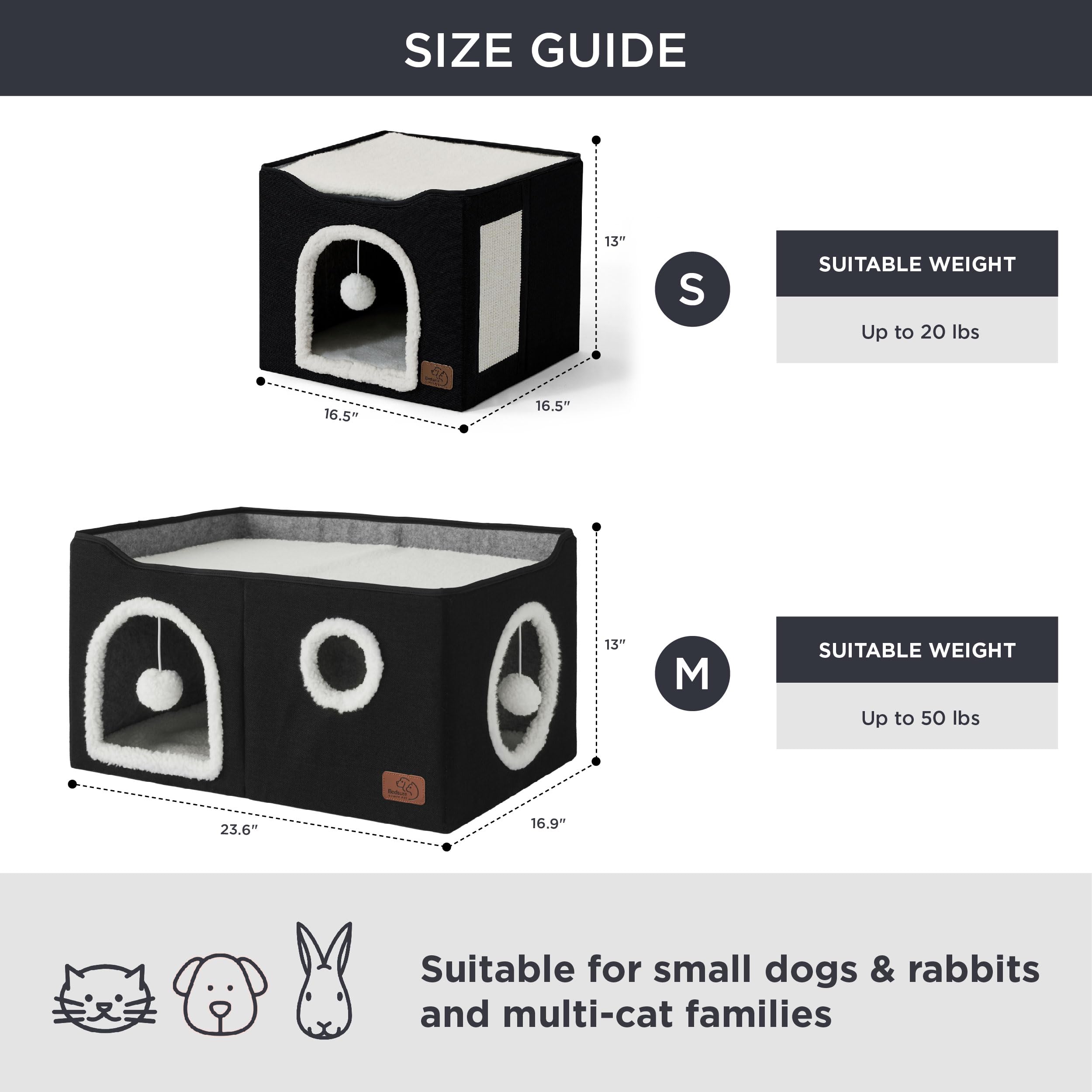 Large Cat Beds for Indoor Cats - Extra Wide Cat Cube House for Small Pet with Fluffy Ball Hanging and Scratch Pad, Foldable Pet Cave Hideaway for Multiple Cats, 23.6x16.9x13 inches, Black