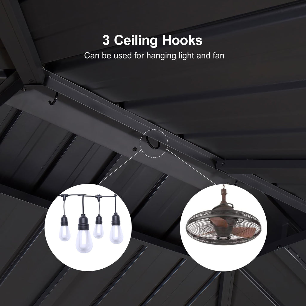 6.5' X 10' Hardtop Grill Gazebo for Patio Permanent Aluminum Barbeque Shelter Gazebo Canopy with Ceiling Hook and Shelves Double Tiered Grey Outdoor BBQ