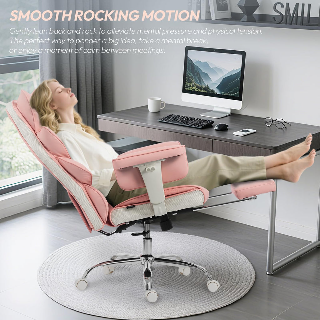 Big and Tall Office Chair with Pocket Springs Cushion,High Back Computer Gaming Chairs with Adjustable Armrests,Executive Desk Chairs with Lumbar Support and Footrest,PU Leather-Pink