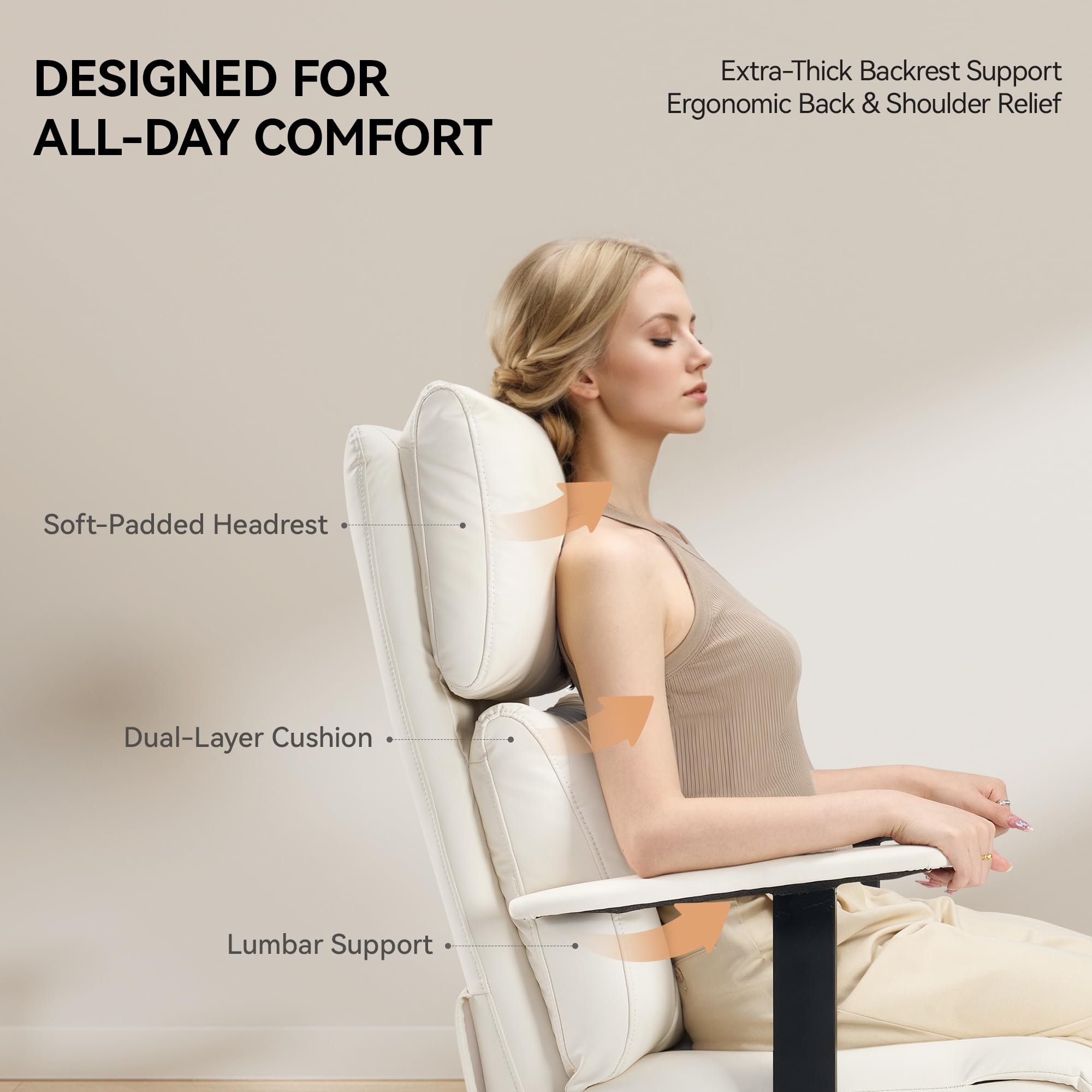 Reclining Office Chair with Adjustable Headrest and Footrest, 170° Ergonomic Comfortable Office Chair Zero Gravity, Leather Executive Home Office Desk Chair (Cream)