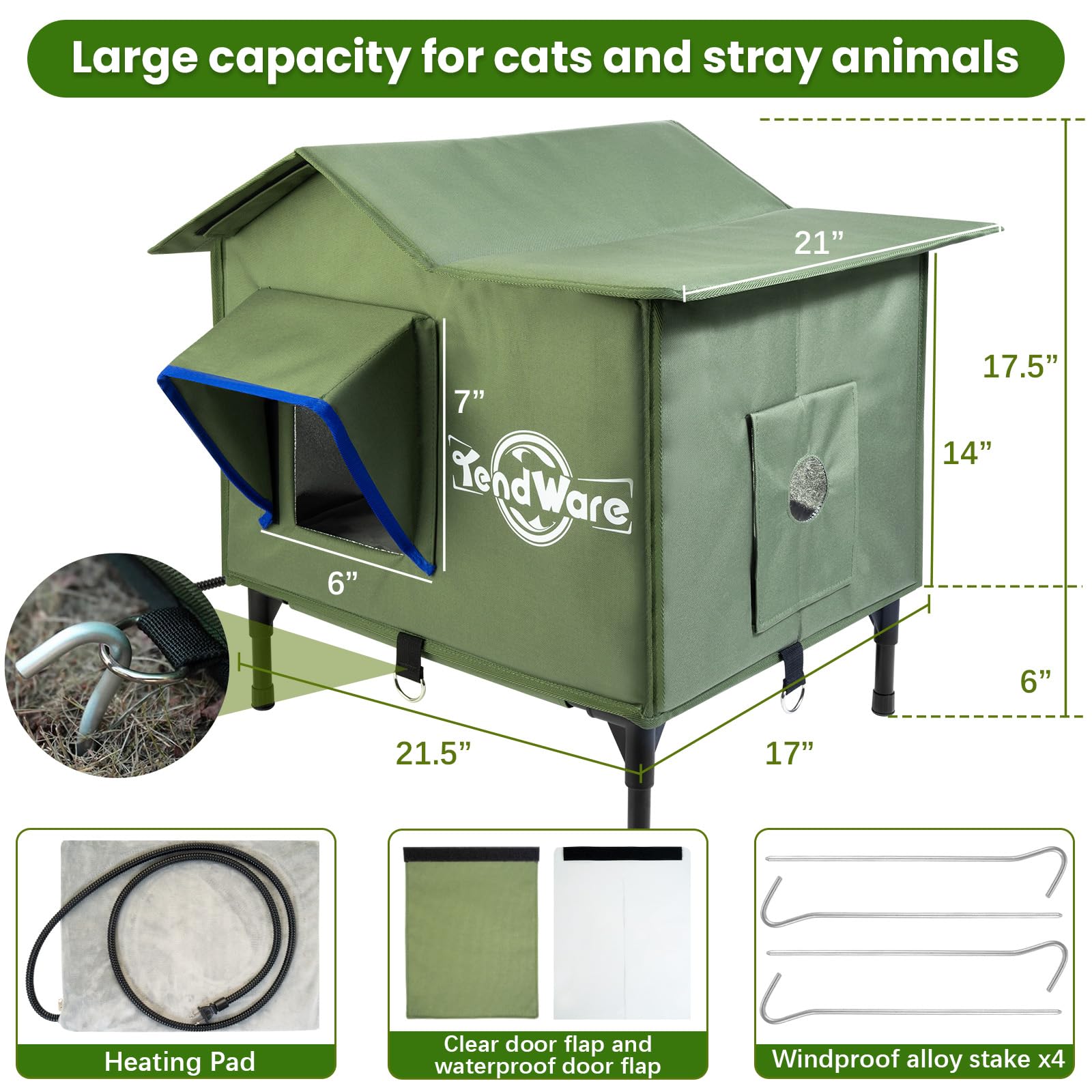 Outdoor Cat House Heated Cat House for Outside with Elevated Base Cat-Attracting Eave Design Feral Stray Shelter Weatherproof in Winter Garage Yard Porch