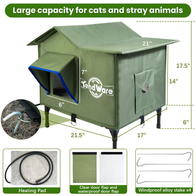 Outdoor Cat House Heated Cat House for Outside with Elevated Base Cat-Attracting Eave Design Feral Stray Shelter Weatherproof in Winter Garage Yard Porch
