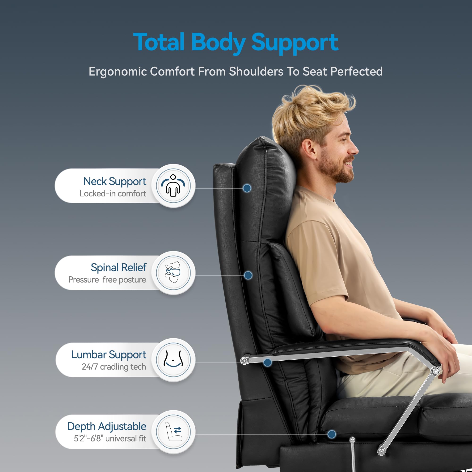 160° Reclining Office Chair with Footrest, 10" Thick Cloud Cushion Executive Desk Chair, Extra Wide Cross-Legged Ergonomic Chair for Big and Tall, Adjustable Seat Depth, Easy Assembly, Black