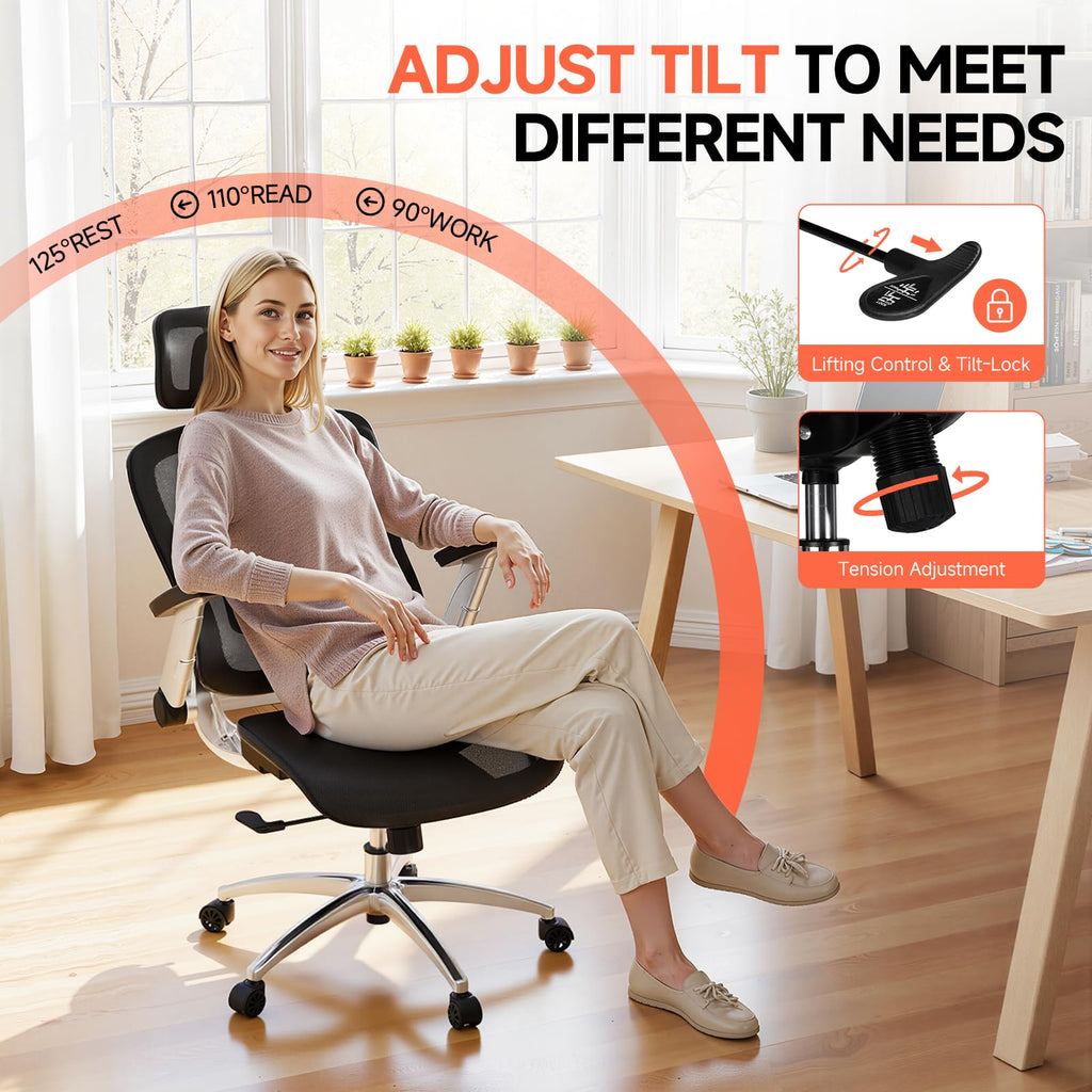 Big and Tall Ergonomic Mesh Office Chair, High Back Home Desk Chair Computer Gaming Chair with Headrest, Flip-Up Arms, 90-125° Tilt Lock and Wide Cushion, Task Chair for Man Woman-Deep Black