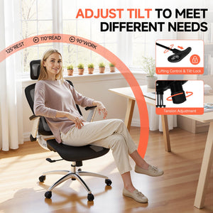 Big and Tall Ergonomic Mesh Office Chair, High Back Home Desk Chair Computer Gaming Chair with Headrest, Flip-Up Arms, 90-125° Tilt Lock and Wide Cushion, Task Chair for Man Woman-Deep Black