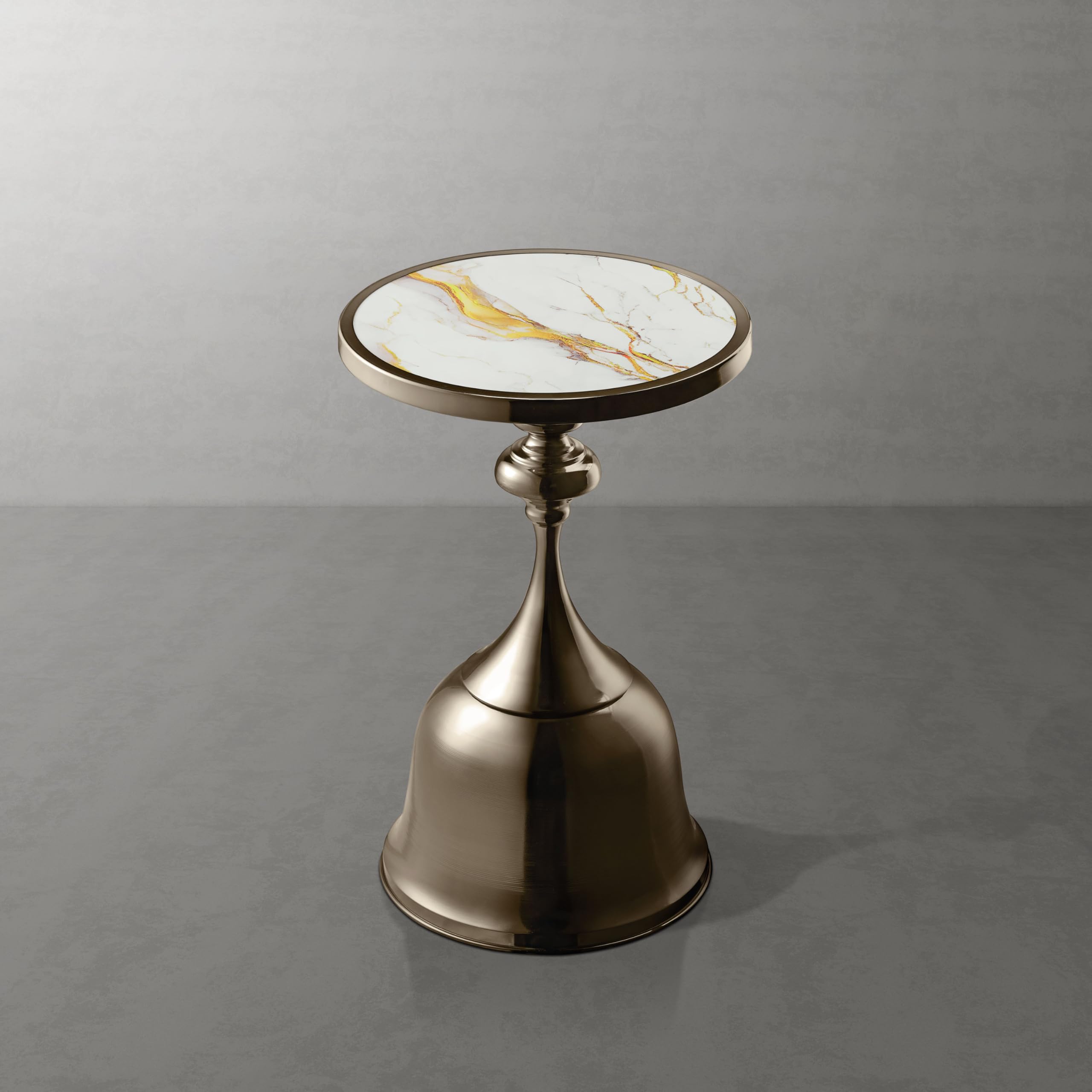 Modern 24" Tall Round End Table with Decorated Tabletop and Iron Metal Base, Accent Furniture, Elegant Pedestal Stand for Living Room, Home Office, Antique Brass