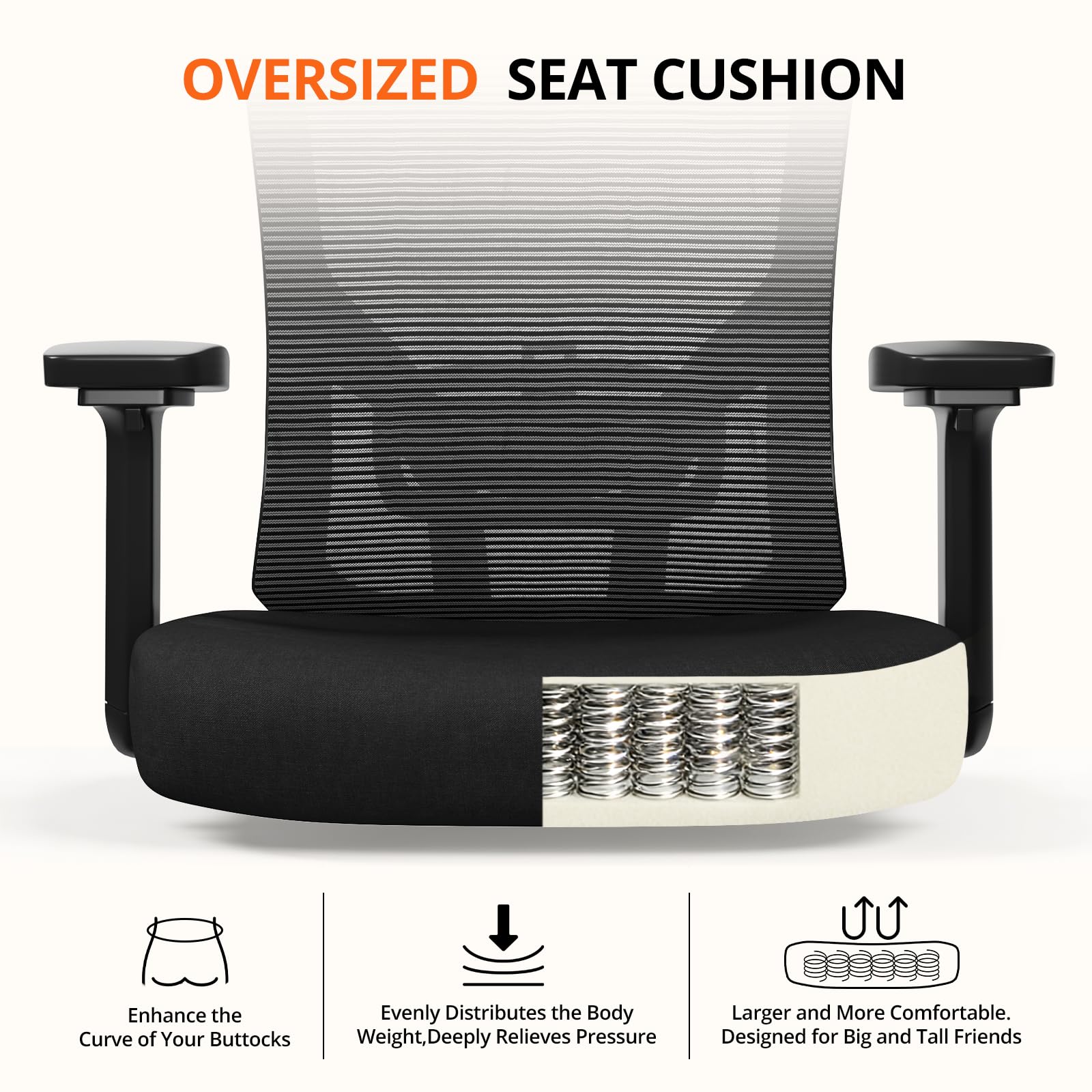 500 lbs Big and Tall Office Chair, Heavy Duty Mesh Desk Chairs with Comfort Spring-Supported Extra-Wide Seat Cushion, 3D Armrests, Ergonomic Breathable Computer Chair for Heavy People