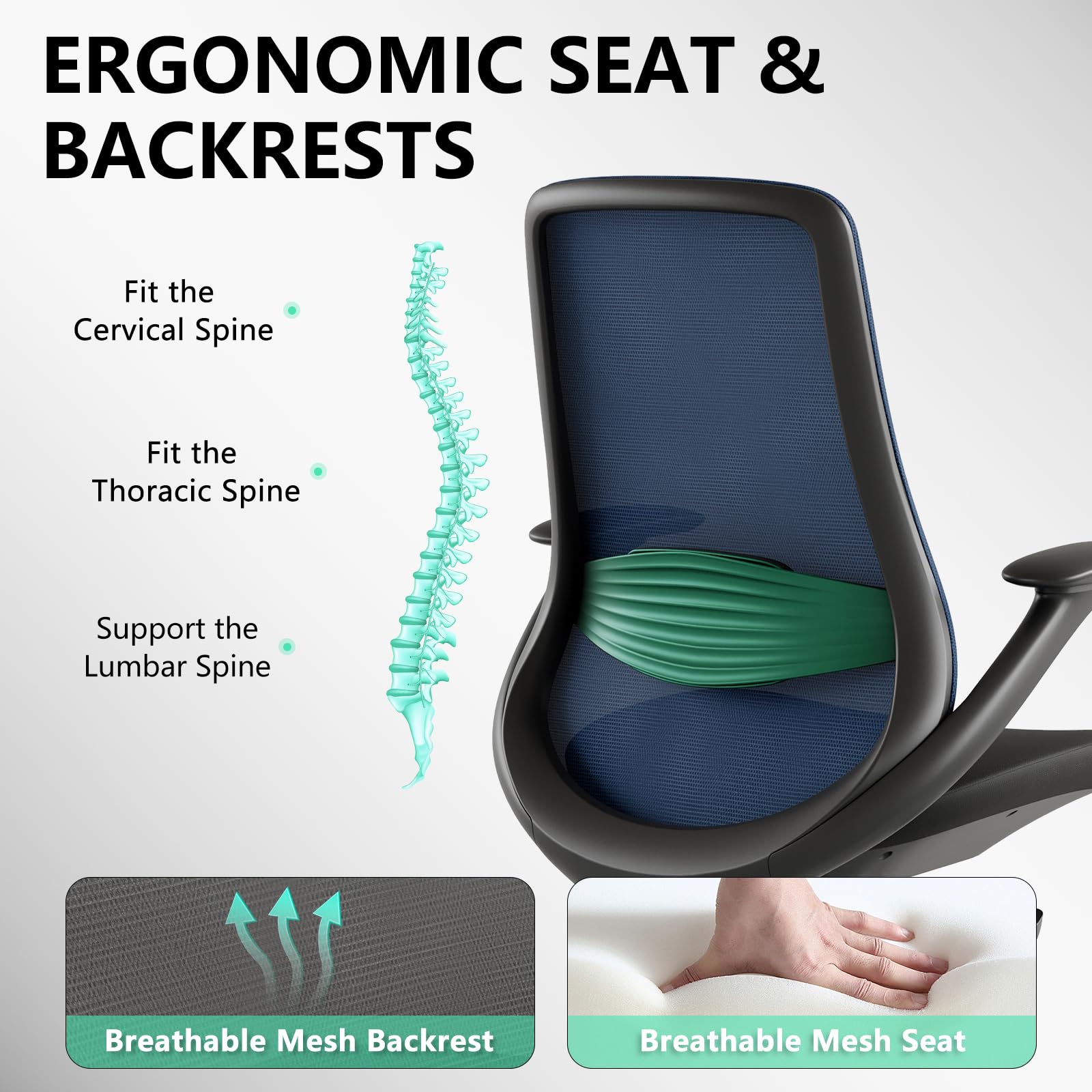 Ergonomic Office Chair, High Back Mesh Desk Chair with Lumbar Support, 360° Swivel & Slide-Adjustable Arms, Tilt Lock and Recline, Breathable Task Chair for Home Office & Gaming (Blue)