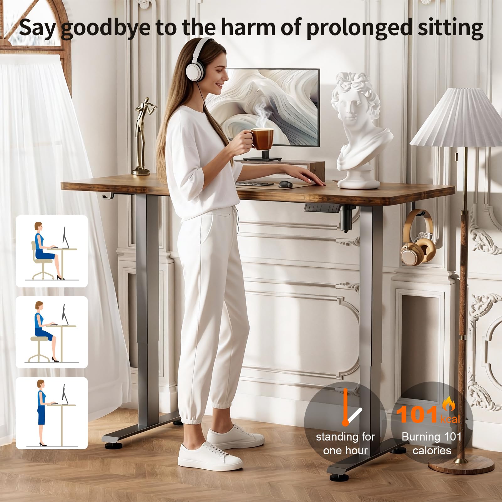 55 Inch Large Electric Standing Desk, Heights Adjustable, Sit to Stand Up, Work Home Office Computer Table for Study, Walking Pad, Writing, and Games, Wooden Desktop Desks, Brown