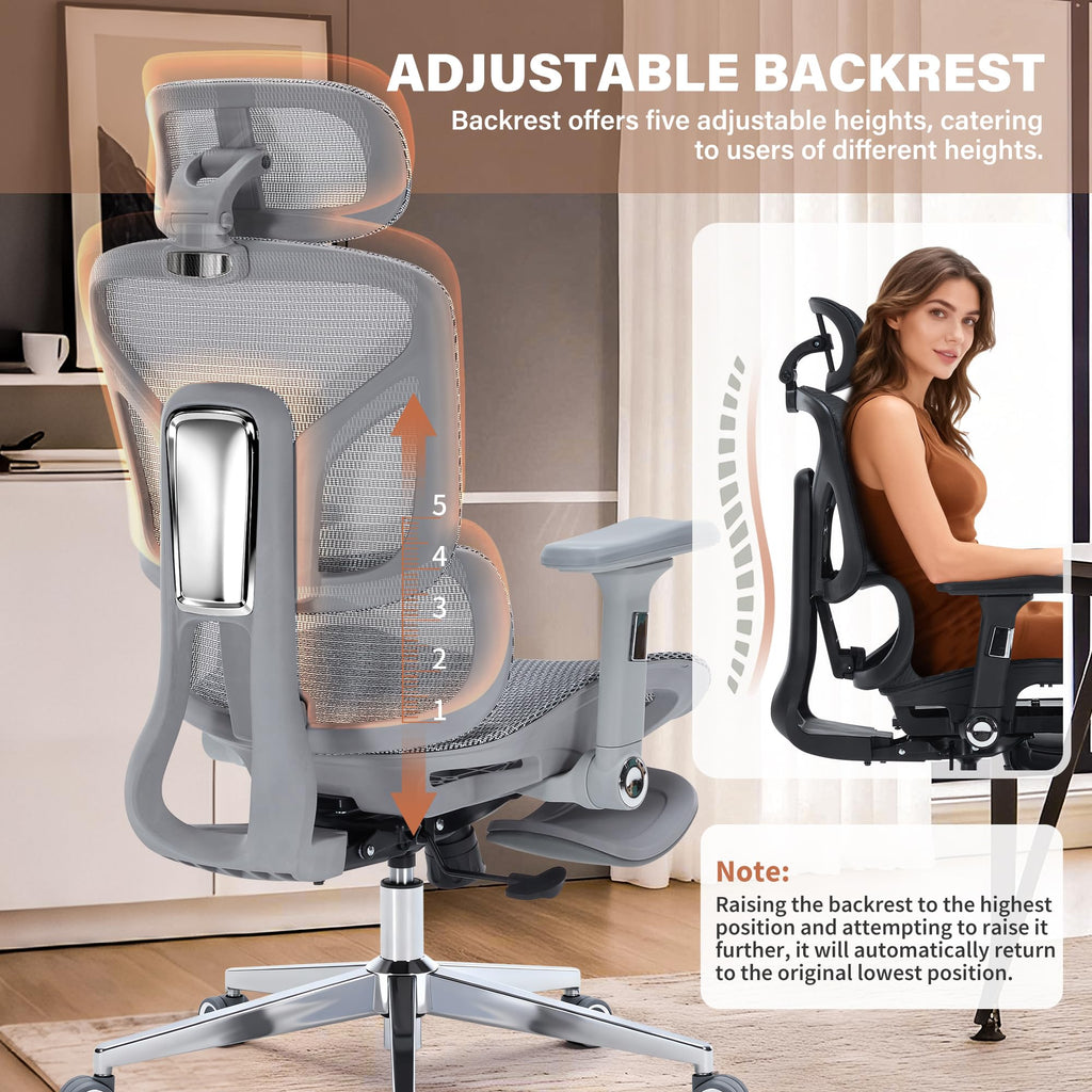 Ergonomic Office Chair with Footrest-Mesh Desk Chair with Adjustable Headrest, 5D Armrests, 3D Lumbar Support & Adjustable Backrest, High Back Swivel Computer Chairs, Heavy Duty Metal Base 400lbs