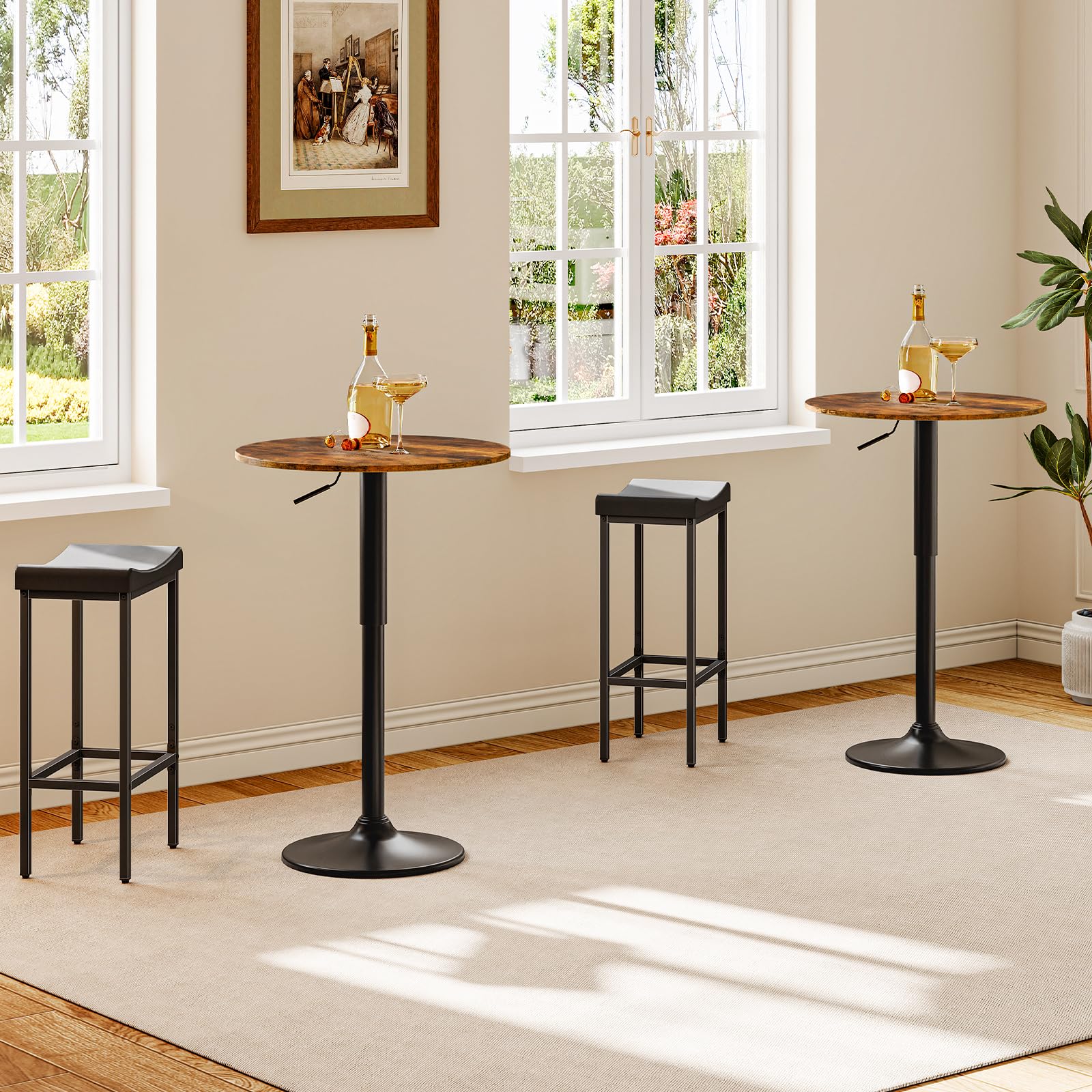 2 Pcs Bar Table, Height-Adjustable Round Pub Table 27-35.4 Inches with Sturdy Base, Modern Style, Easy to Assemble, Suitable for Small Space, Rustic Brown and Black