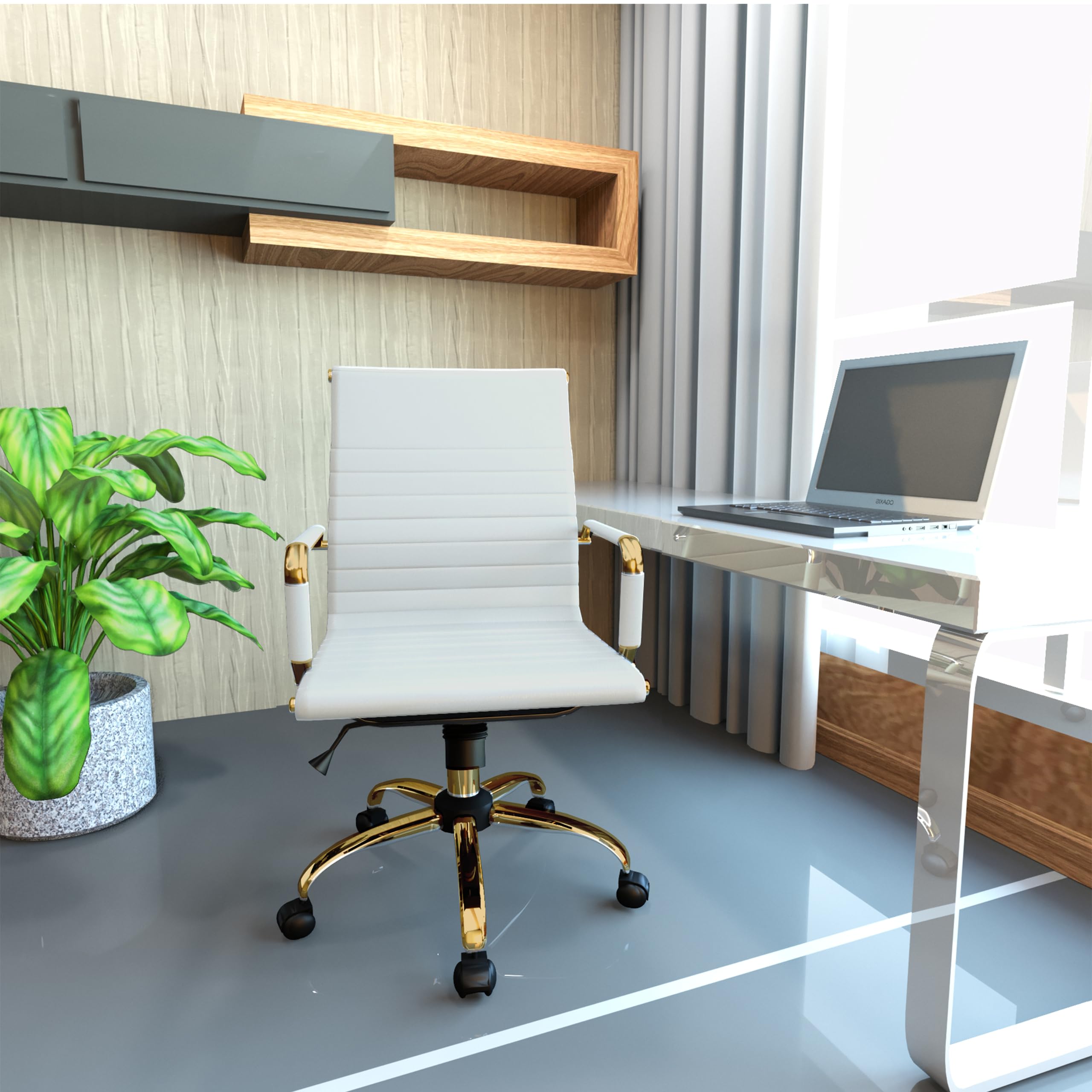 Modern Ergonomic Executive Office Chair, High-Back Leather Conference Desk Chair with Adjustable Height, Tilt Control, 360° Swivel & Gold Frame for Home Office