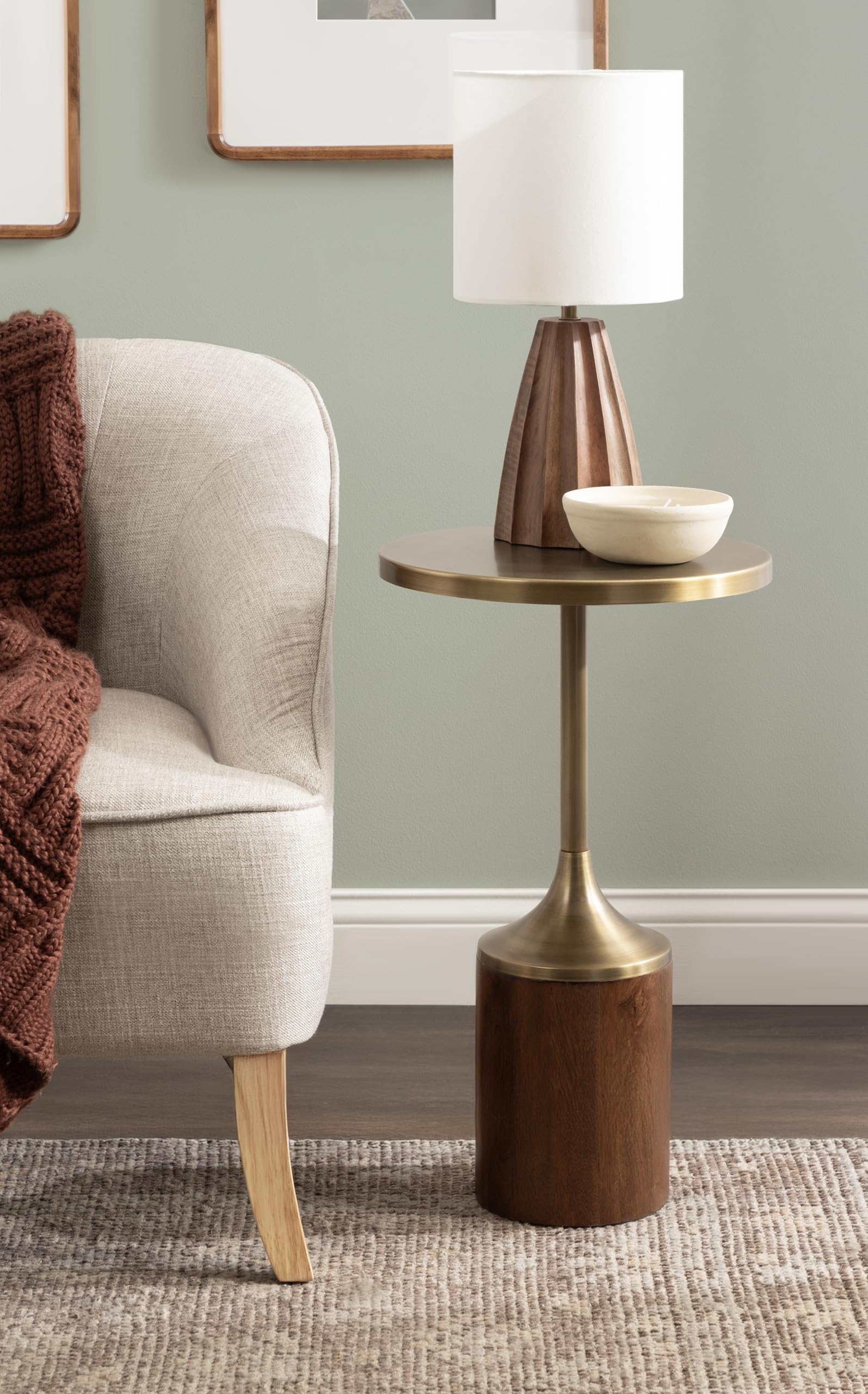 Whelan Modern Metal Round Side Table, 14 x 14 x 24, Antique Brass and Walnut Brown, Transitional Sculptural Indoor Plant Stand for Living Room End Table or Bedroom Nightstand