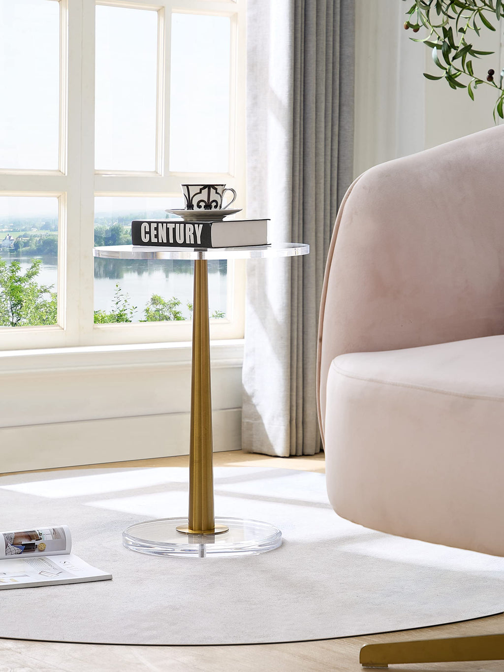 Clear Acrylic Table with Cone Metal Pole (Small, Brushed Gold) …