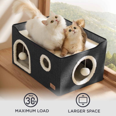 Large Cat Beds for Indoor Cats - Extra Wide Cat Cube House for Small Pet with Fluffy Ball Hanging and Scratch Pad, Foldable Pet Cave Hideaway for Multiple Cats, 23.6x16.9x13 inches, Dark Grey