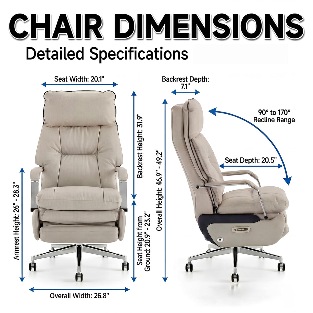 Dual Motor Executive Home Reclining Office Chair with Footrest - One-Click Electric Recline with Massage & Pillow Support Big and Tall PU Leather Ergonomic Desk Chair, High Back Wide Seat (White)