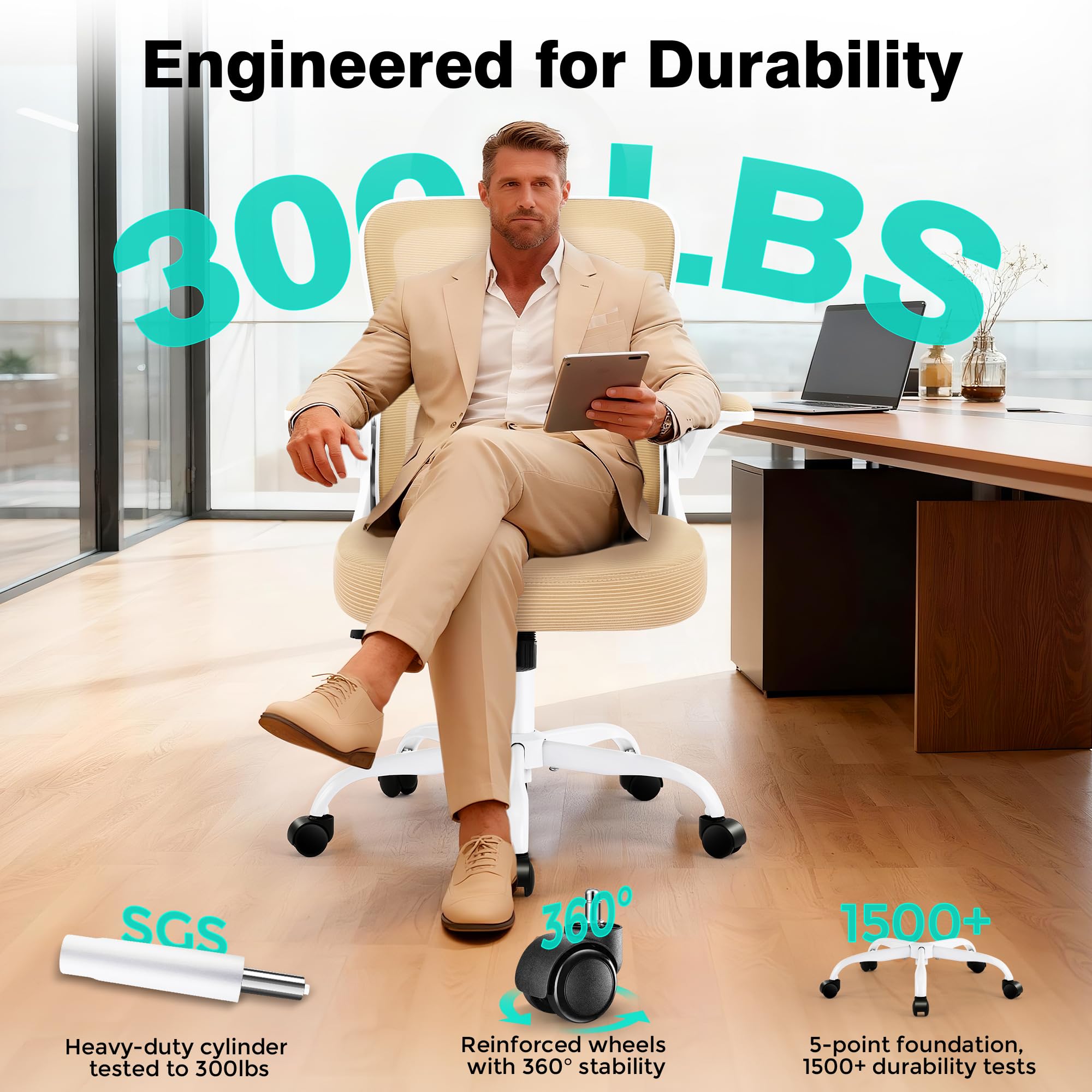 Office Chair - Ergonomic Breathable Mesh Desk Chair with Adjustable Lumbar Support and Flip-up Armrests - Executive High Back Rolling Swivel Comfortable Computer Gaming Chair for Home Office