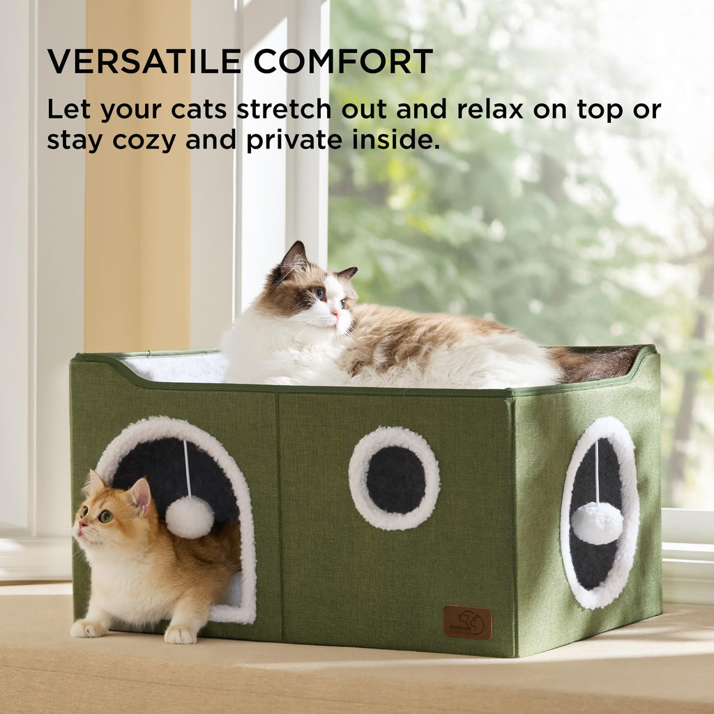 Large Cat Beds for Indoor Cats - Extra Wide Cat Cube House for Small Pet with Fluffy Ball Hanging and Scratch Pad, Foldable Pet Cave Hideaway for Multiple Cats, 23.6x16.9x13 inches