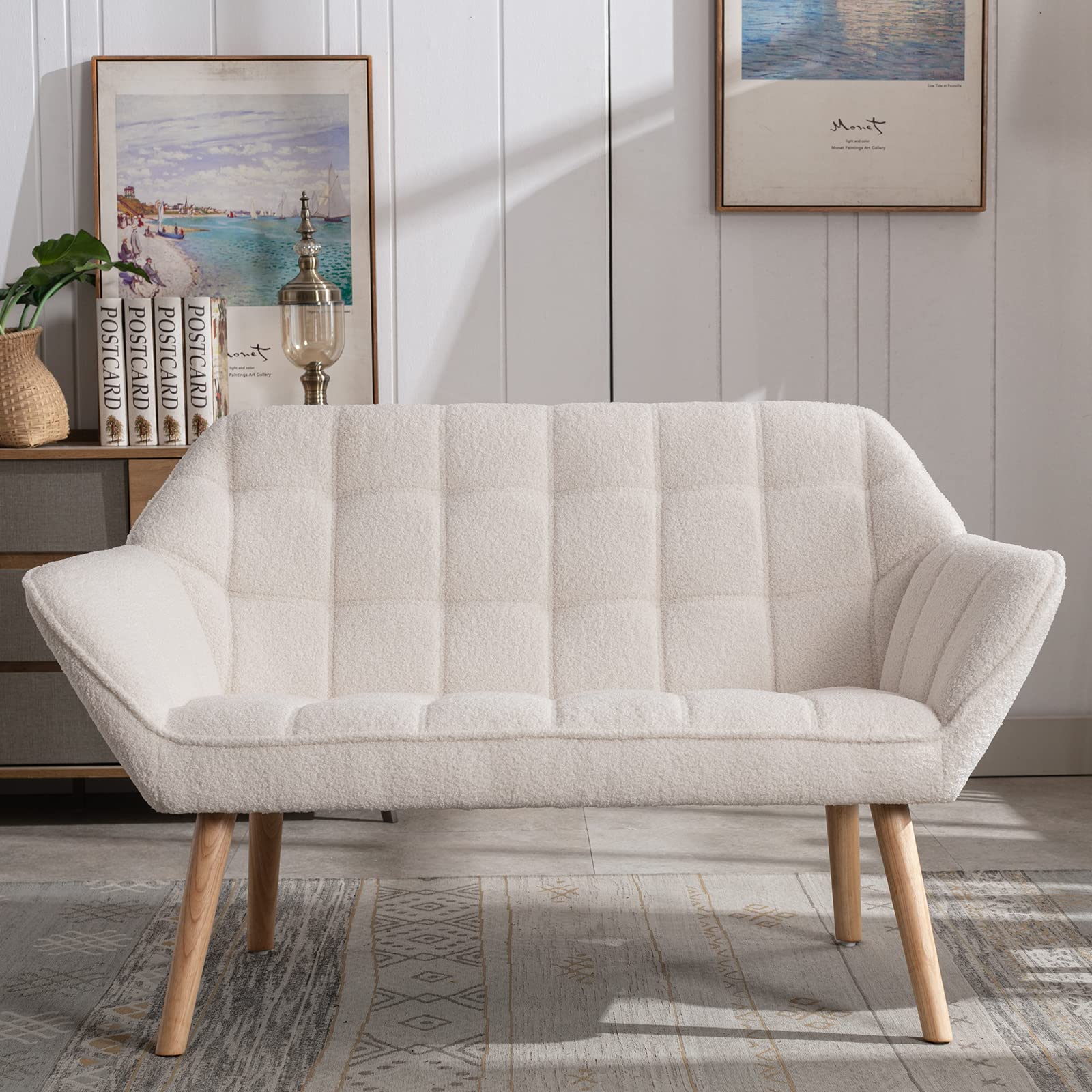 48" Small Loveseat for Small Spaces, Upholstered Fluffy White Loveseat Sofa, Mid Century Modern 2-Seater Couch with Armrest and Wood Legs for Bedroom, Living Room, Apartment, White