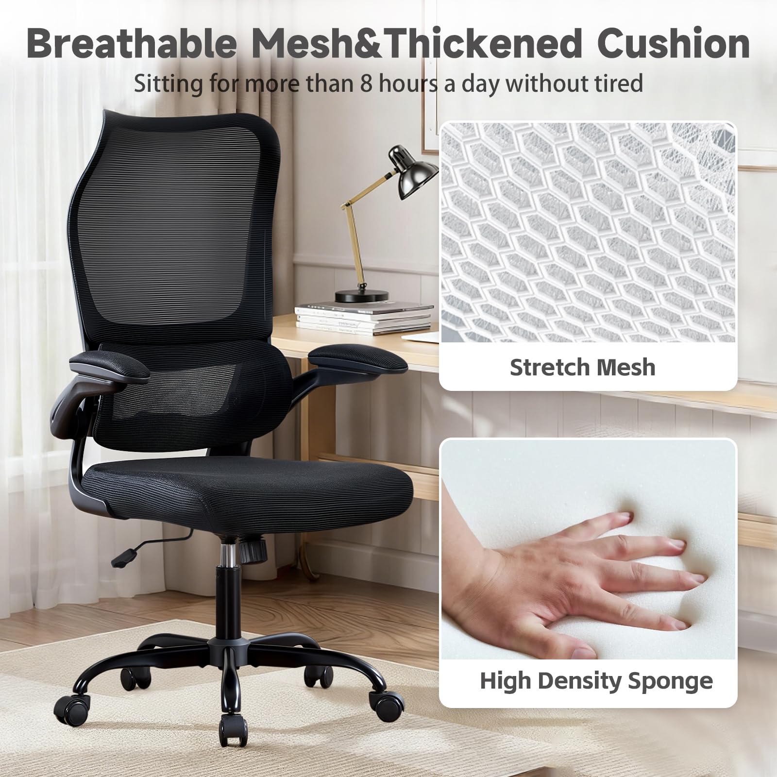 Ergonomic Office Chair with Adjustable Lumbar Support, Mesh Back, Flip-Up Arms, Rocking Mode with Tension Control, 300 lbs Weight Capacity, Black and White (Black)