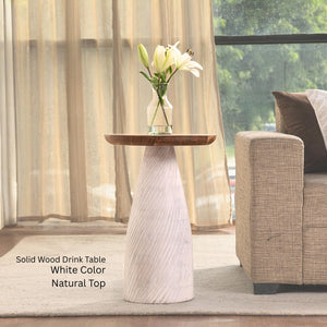 Modern Round Wood Accent Table with Carved Cone Base Solid Mango Wood Side Table for Living Room, Bedroom or Entryway White,Assembled