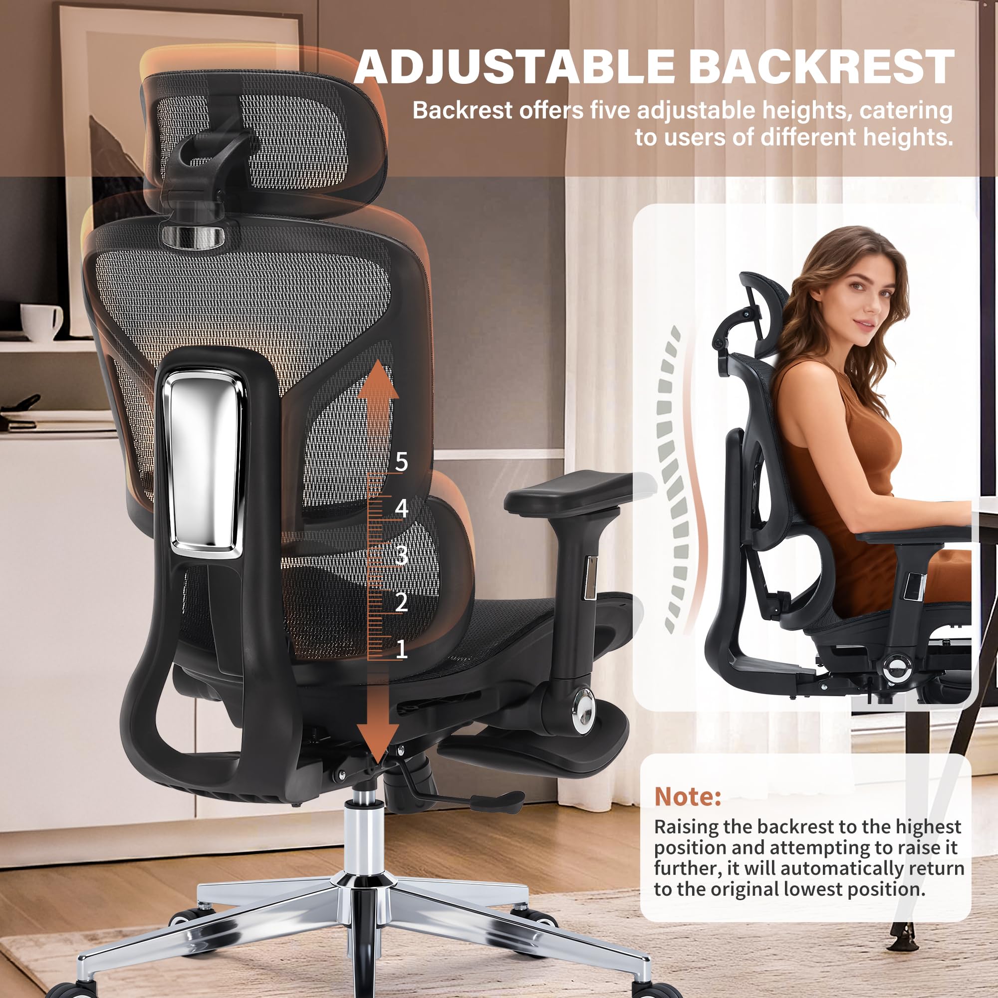 Ergonomic Office Chair with Footrest-Mesh Desk Chair with Adjustable Headrest, 5D Armrests, 3D Lumbar Support & Adjustable Backrest, High Back Swivel Computer Chairs, Heavy Duty Metal Base 400lbs