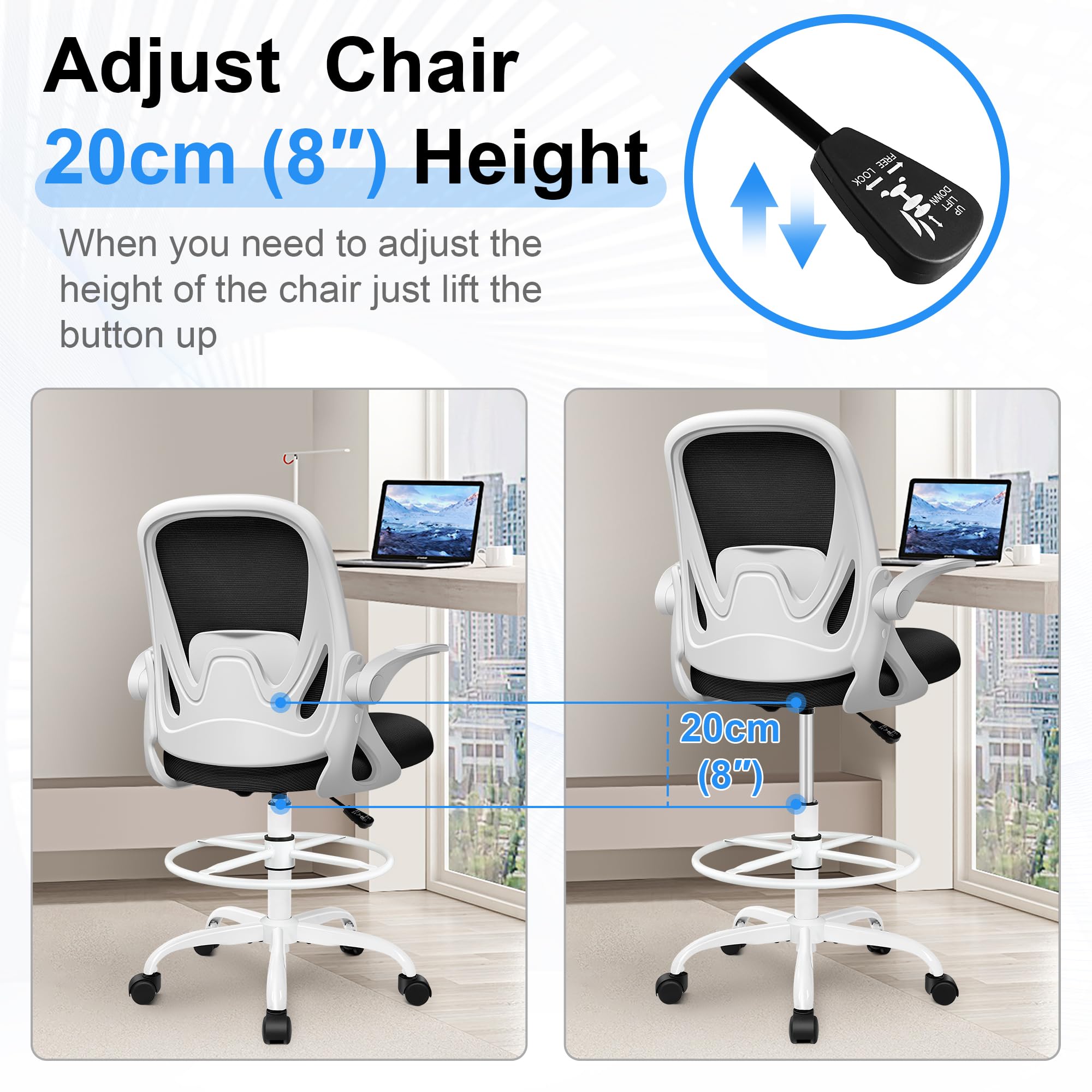 Drafting Chair Tall Office Chair with Flip-up Armrests, Adjustable Height, and Enhanced Lumbar Support - Ergonomic Rolling Stool, Back Support, and Adjustable Foot Rest Ring for Standing Desk White