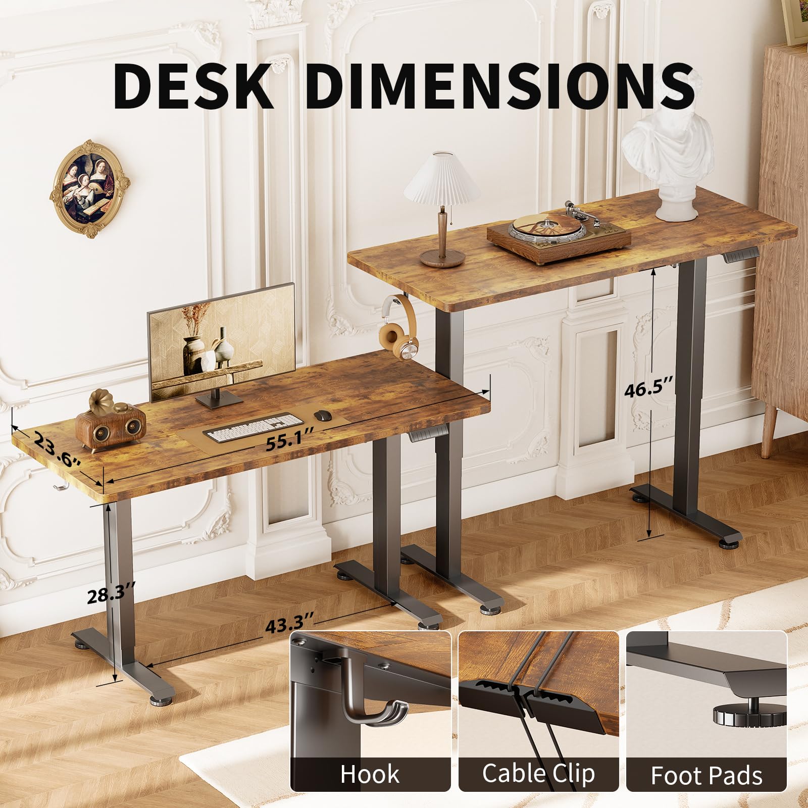 55 Inch Large Electric Standing Desk, Heights Adjustable, Sit to Stand Up, Work Home Office Computer Table for Study, Walking Pad, Writing, and Games, Wooden Desktop Desks, Brown