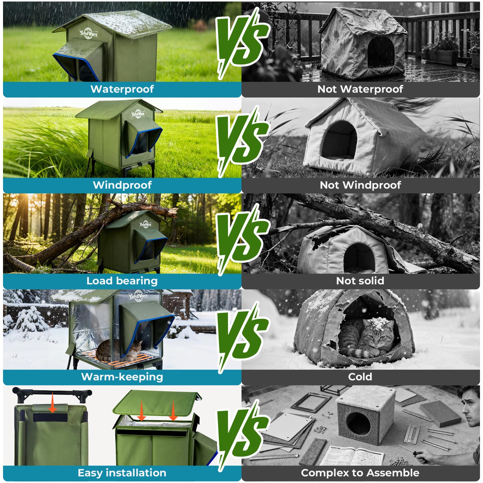 Outdoor Cat House Heated Cat House for Outside with Elevated Base Cat-Attracting Eave Design Feral Stray Shelter Weatherproof in Winter Garage Yard Porch