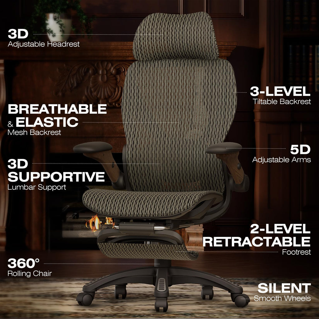Ergonomic Office Chair with Footrest, Big and Tall Home Desk Chair with 5D Flip-Up Arms, Adjustable 3D Lumbar Support,High Back Rolling Computer Chair, Swivel Mesh Chairs (Coffee Break)