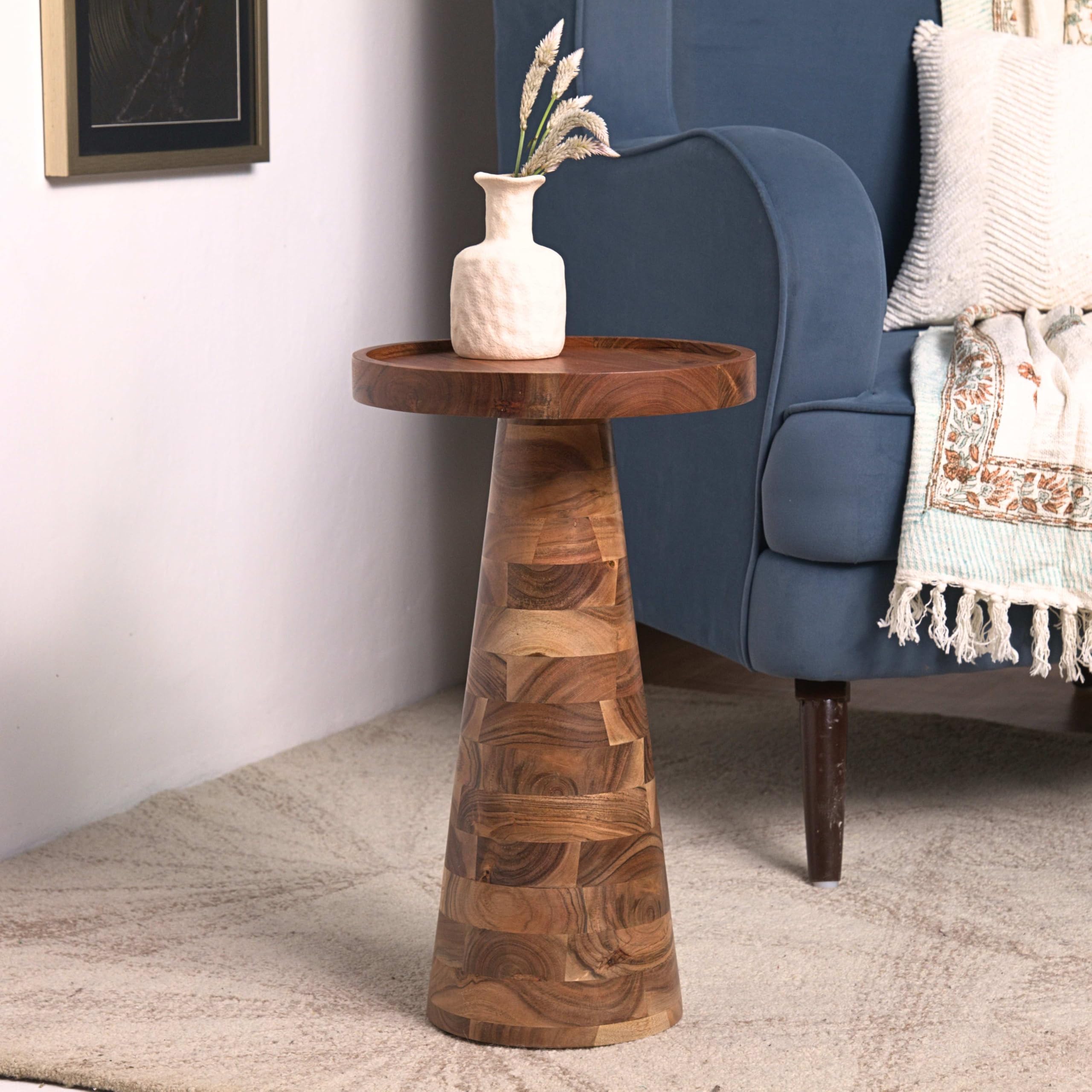 Mid-Century Farmhouse Cottagecore Accent End Table, Solid Wood Side Table with Tray Top,Pedestal Martini Table, Handmade Plant Stand Rustic Drink Table for Living Room, Bedroom, Natural,Assembled
