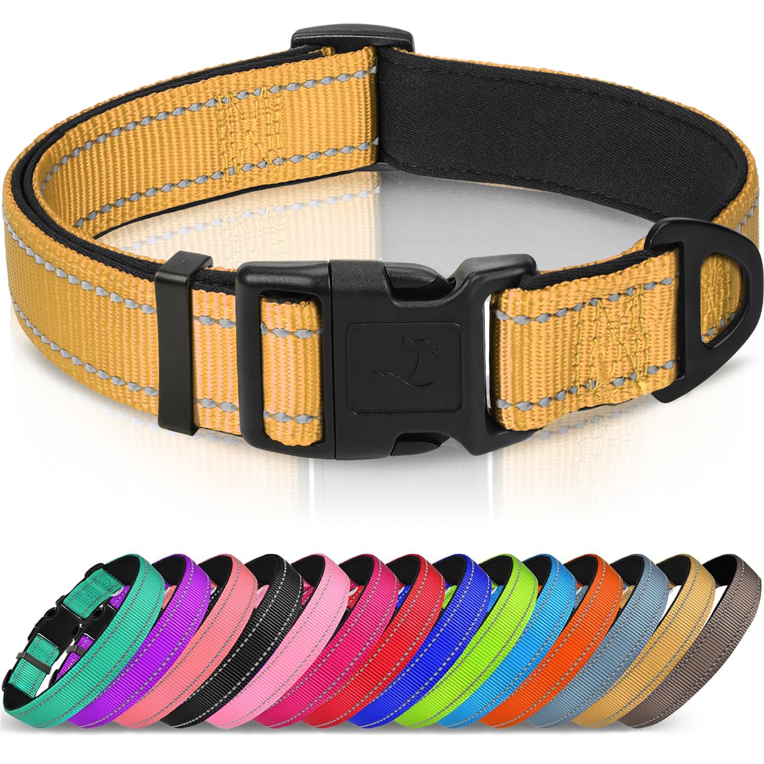 Reflective Dog Collar, Soft Neoprene Padded, Metal D-Ring, Nylon Pet Collar Adjustable for Small Dogs, Khaki, S