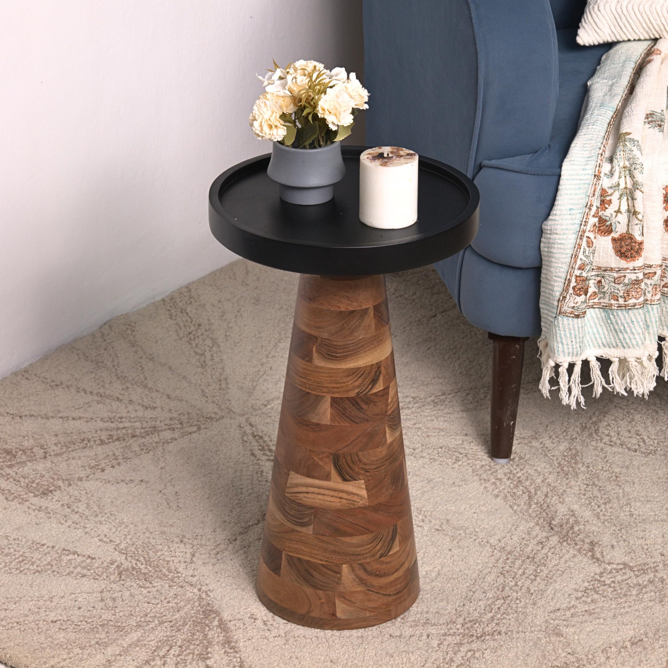 Mid-Century Farmhouse Cottagecore Accent End Table, Solid Wood Side Table with Tray Top,Pedestal Martini Table, Handmade Plant Stand Rustic Drink Table for Living Room, Bedroom, Natural,Assembled